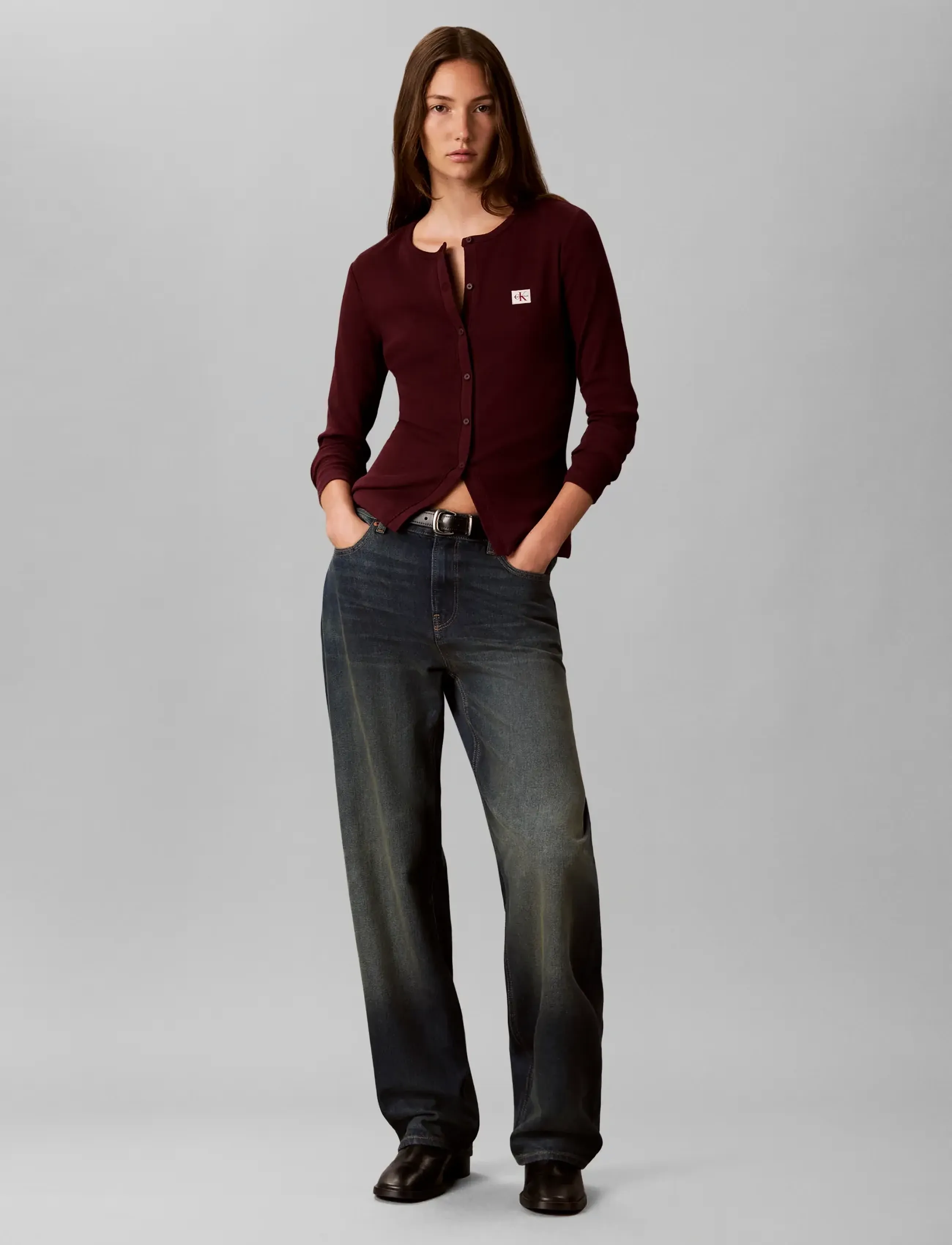Calvin Klein Jeans - LS WVN LABEL 2X2 BABY RIB CREW C - raspberry truffle - 0
