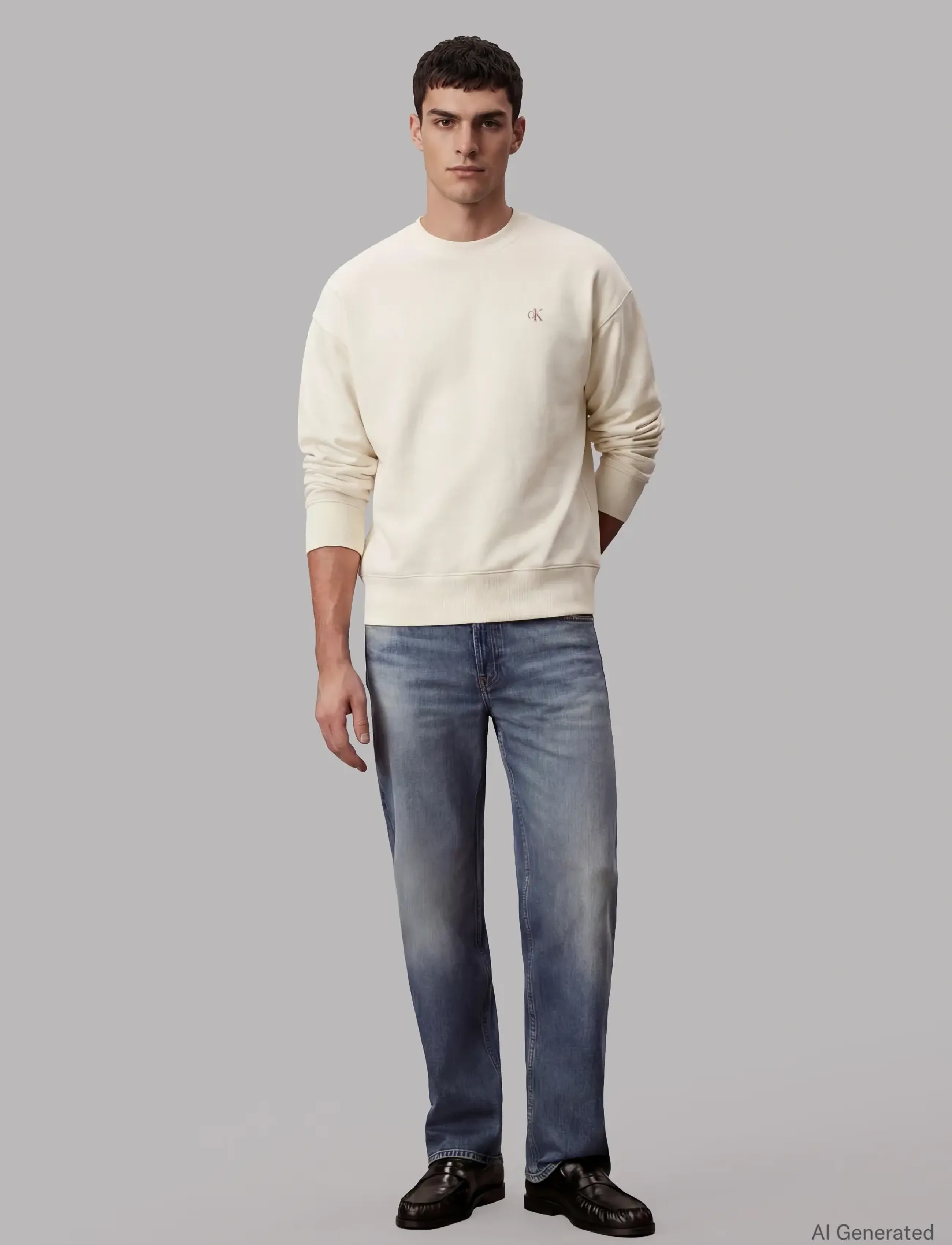 Calvin Klein Jeans Premium Terry Monogram Cn Sweats, Mænd, Monogram Sweatshirt, Cream, Str: S