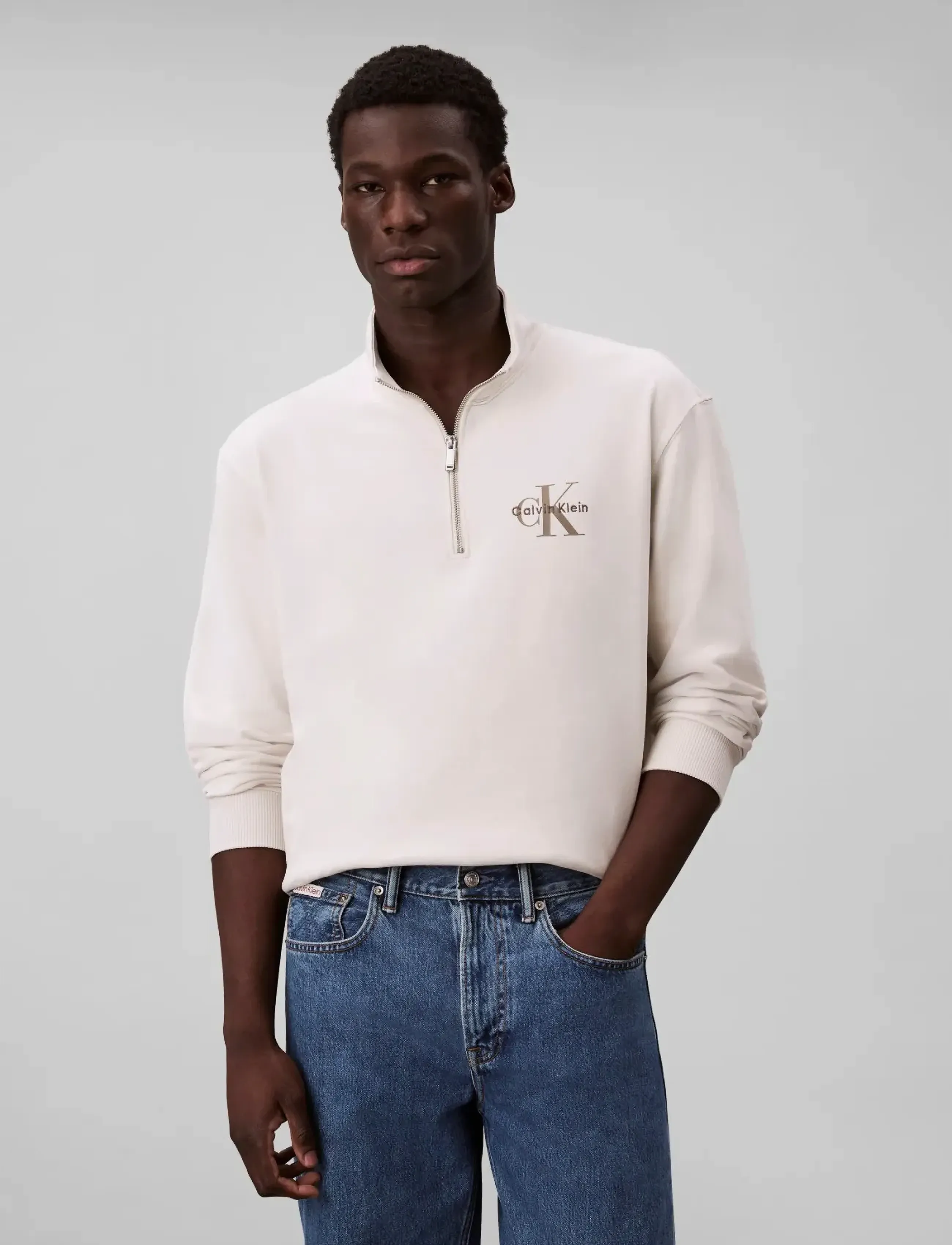 Calvin Klein Jeans Ls Eu 350Terry Micro Monologo Qt, Mænd, Halv Lynlås Sweatshirt, Cream, Str: XL