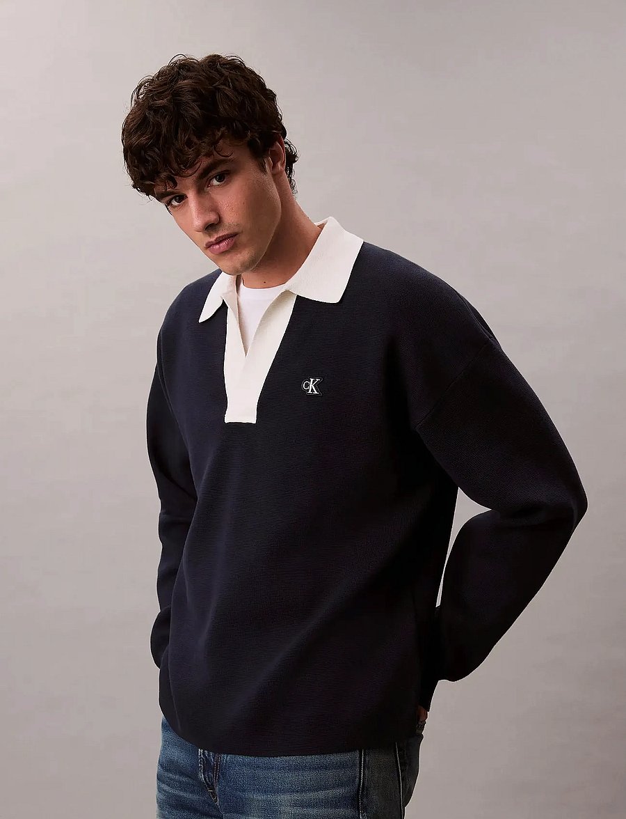 Calvin Klein Jeans - LS SOLID OVERSIZED JOHNNY COLLAR - langärmelige strick-polohemden - dark sapphire - 0