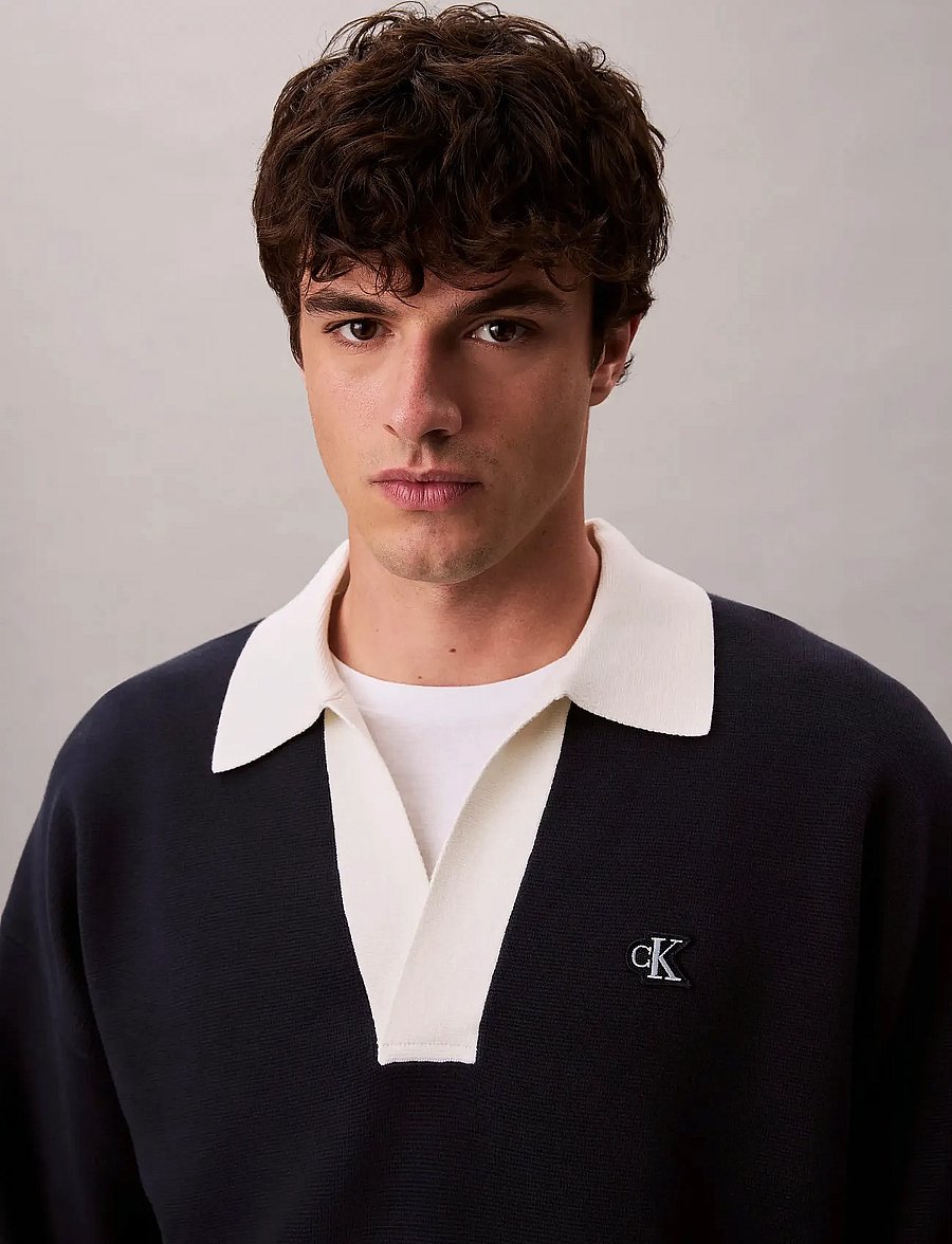 Calvin Klein Jeans - LS SOLID OVERSIZED JOHNNY COLLAR - langärmelige strick-polohemden - dark sapphire - 3