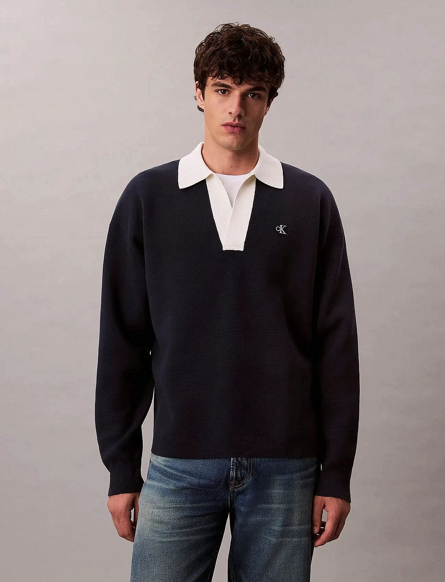 Calvin Klein Jeans - LS SOLID OVERSIZED JOHNNY COLLAR - langärmelige strick-polohemden - dark sapphire - 5