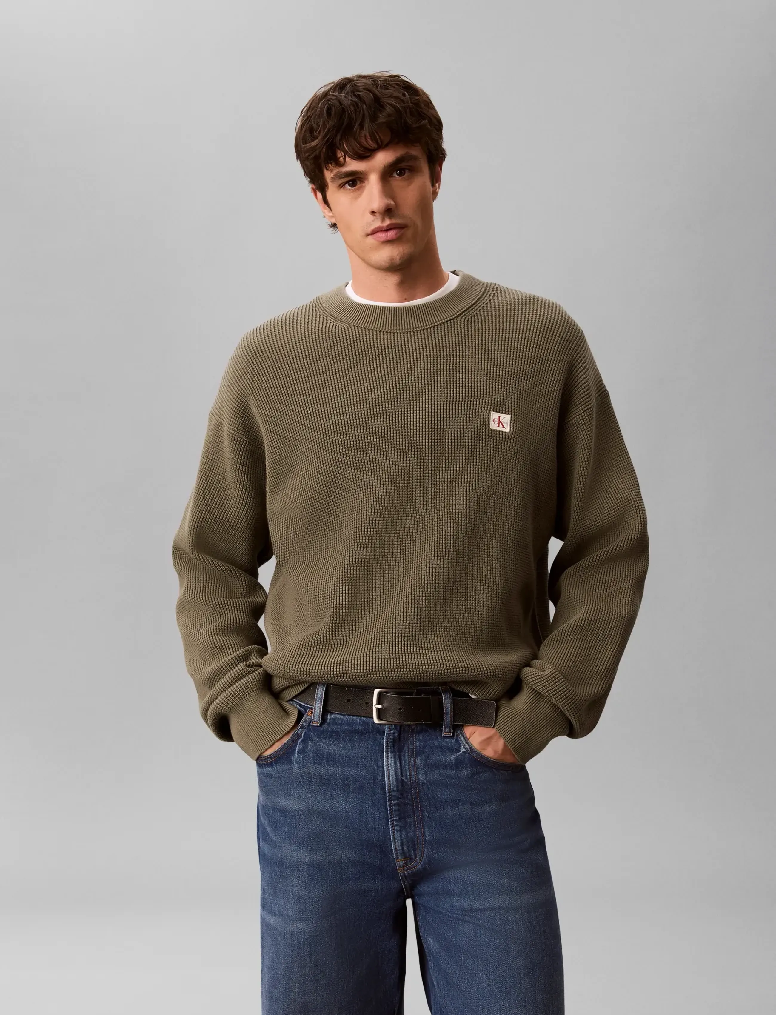 Calvin Klein Jeans LS EZ COTTON WAFFLE CRWNK SWTR 9 - Strickmode - DUSTY OLIVE / khaki/green