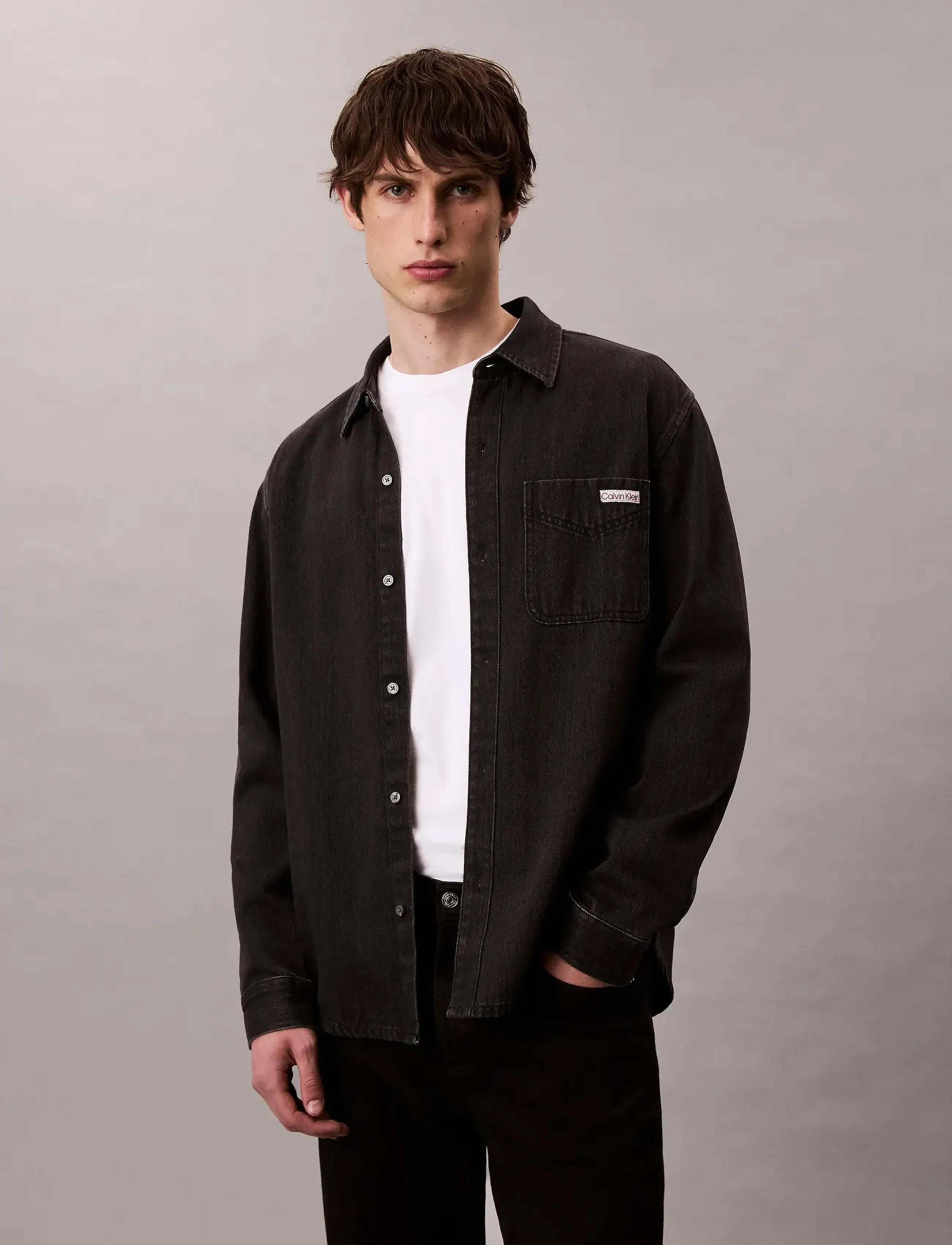 Calvin Klein Jeans Classic 205 Black Overshirt, L, Shirts, Schwarz - Denim Männerswear