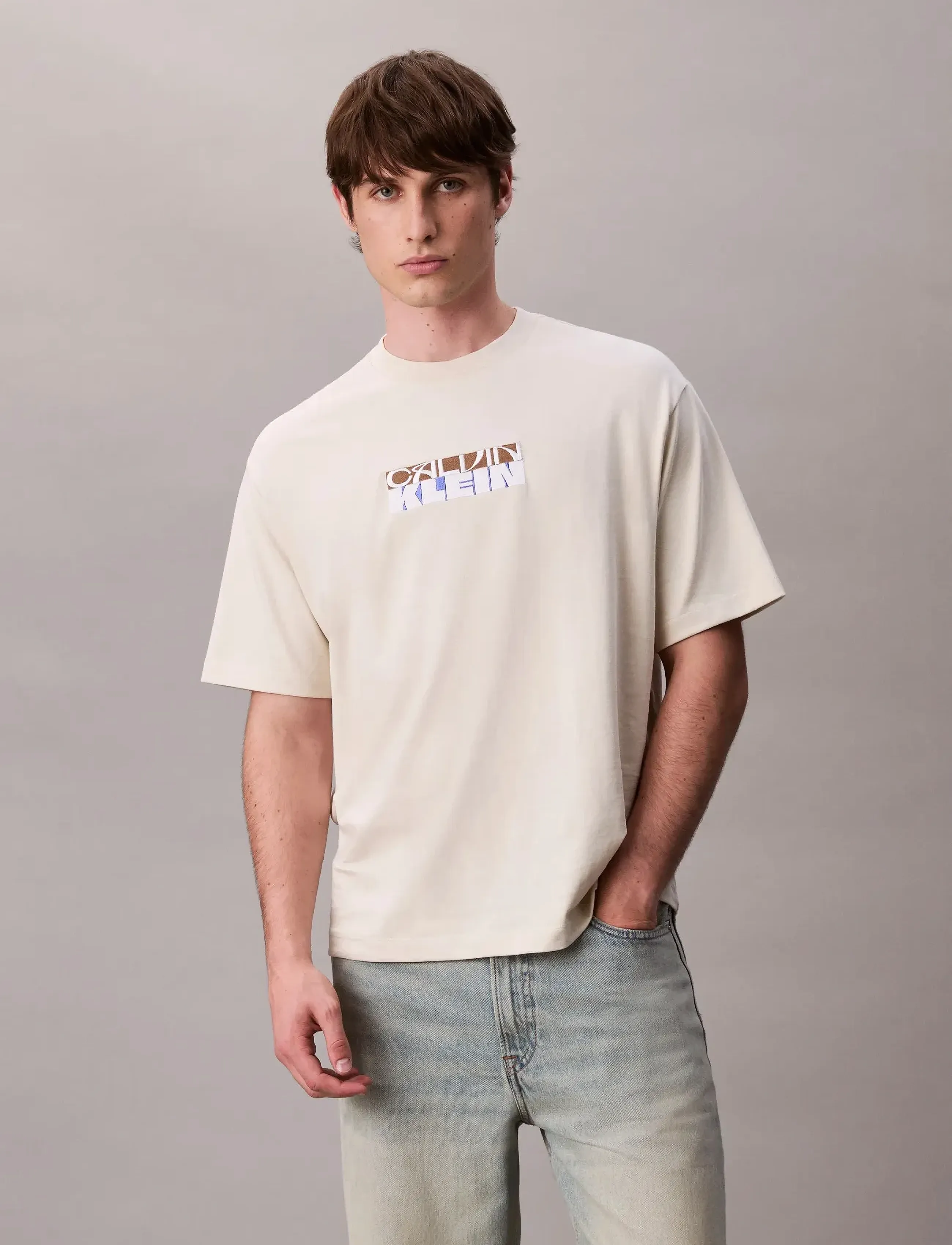 Calvin Klein Jeans Ss 16S Tc Block Gra, XXL, T-shirts, Creme - Short-sleeved, Männerswear