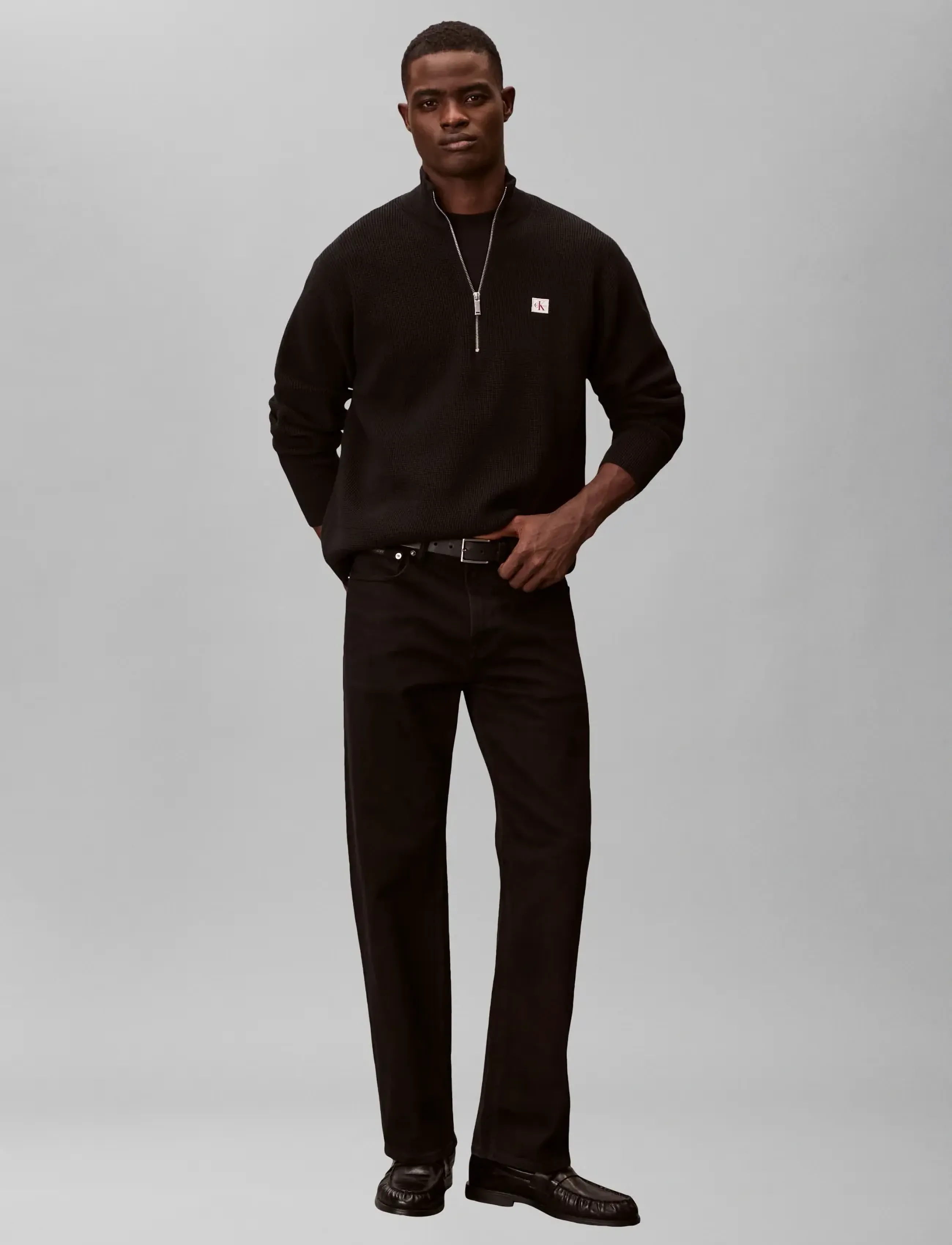 Calvin Klein Jeans Ls Ez Cotton Waffle Quarter Zip, S, Knitwear, Schwarz - Half Zip Jumpers, Männerswear
