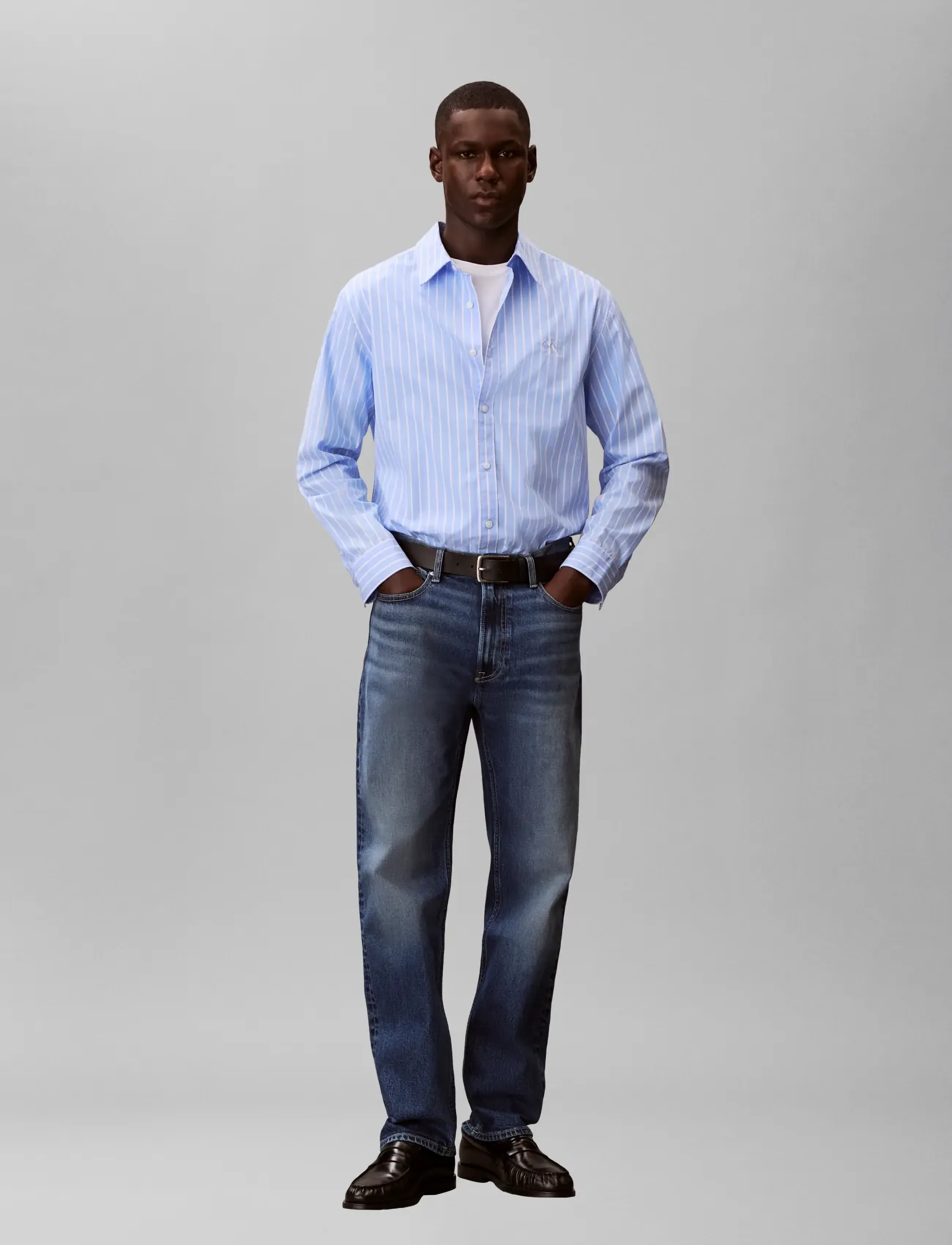 Calvin Klein Jeans LS YD STRIPE WASHED POPLIN RELAX - Calvin Klein Jeans - BLUE DESCENT / white