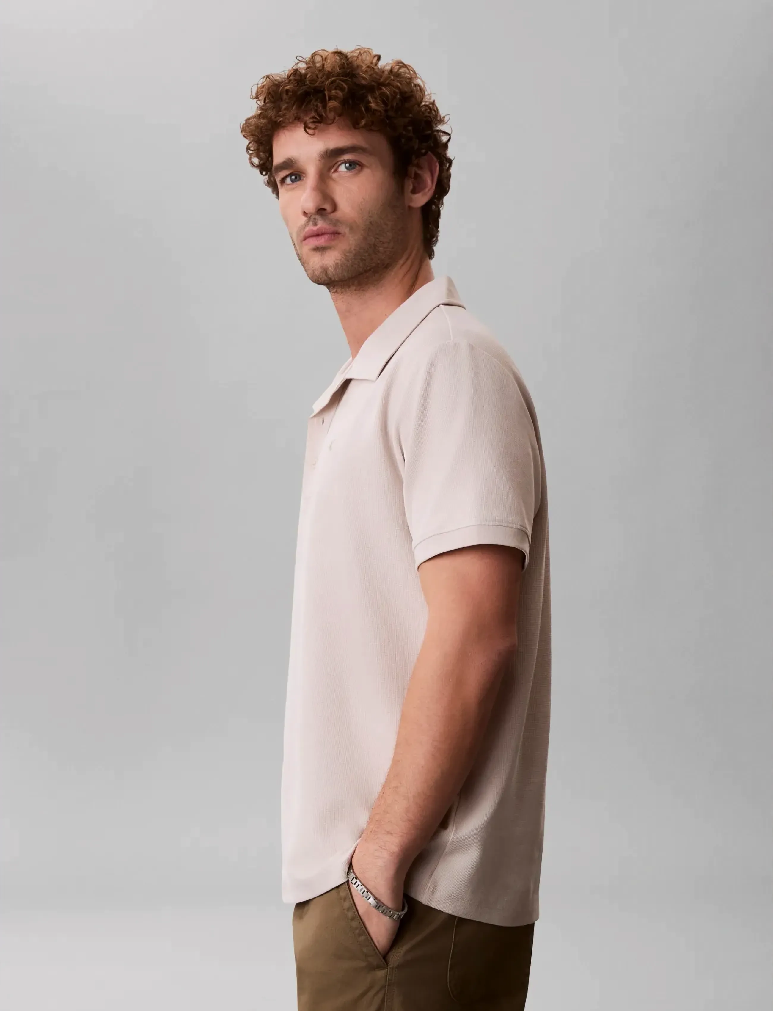 Calvin Klein Jeans - SS EASY MICRO WAFFLE CAMP POLO - short-sleeved polos - oatmeal - 4
