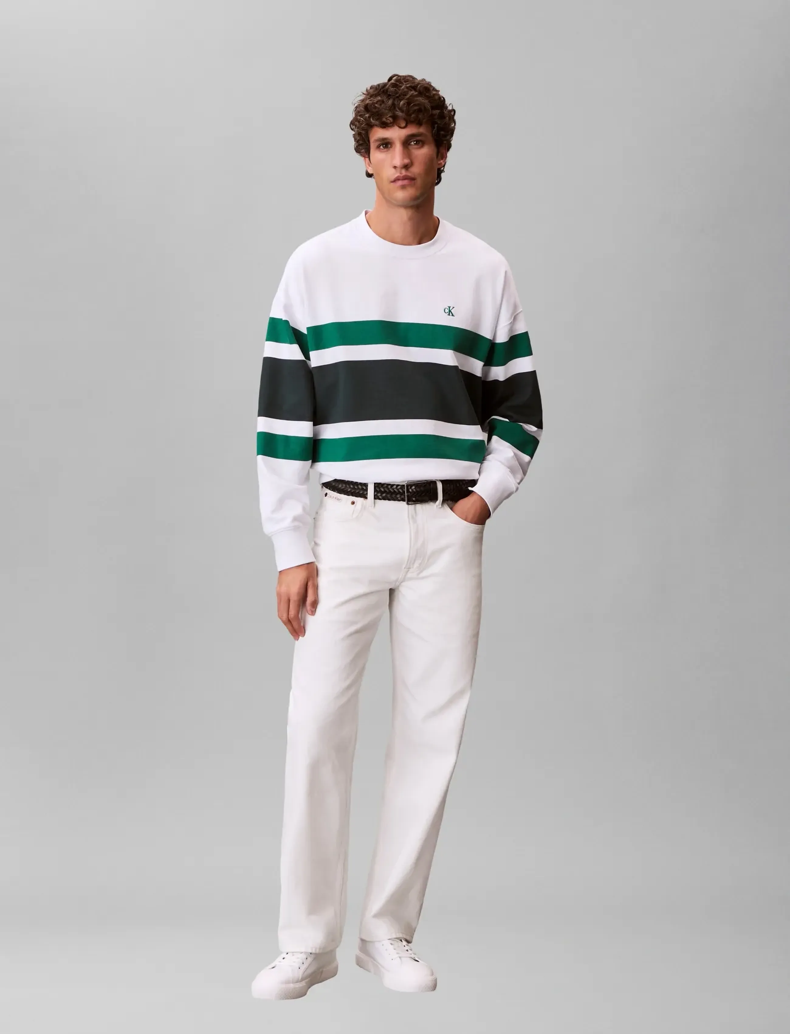 Calvin Klein Jeans LS PREMIUM TERRY BLOCK STRIPE CN - Festival outfit - BRIGHT WHITE / white