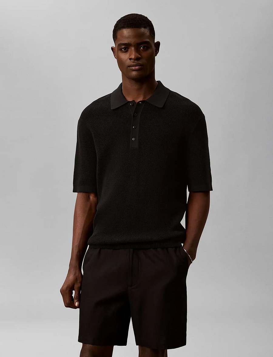 Calvin Klein Jeans - SS COTTON WAFFLE POLO COLLARSWTR - knitted polos - black - 0