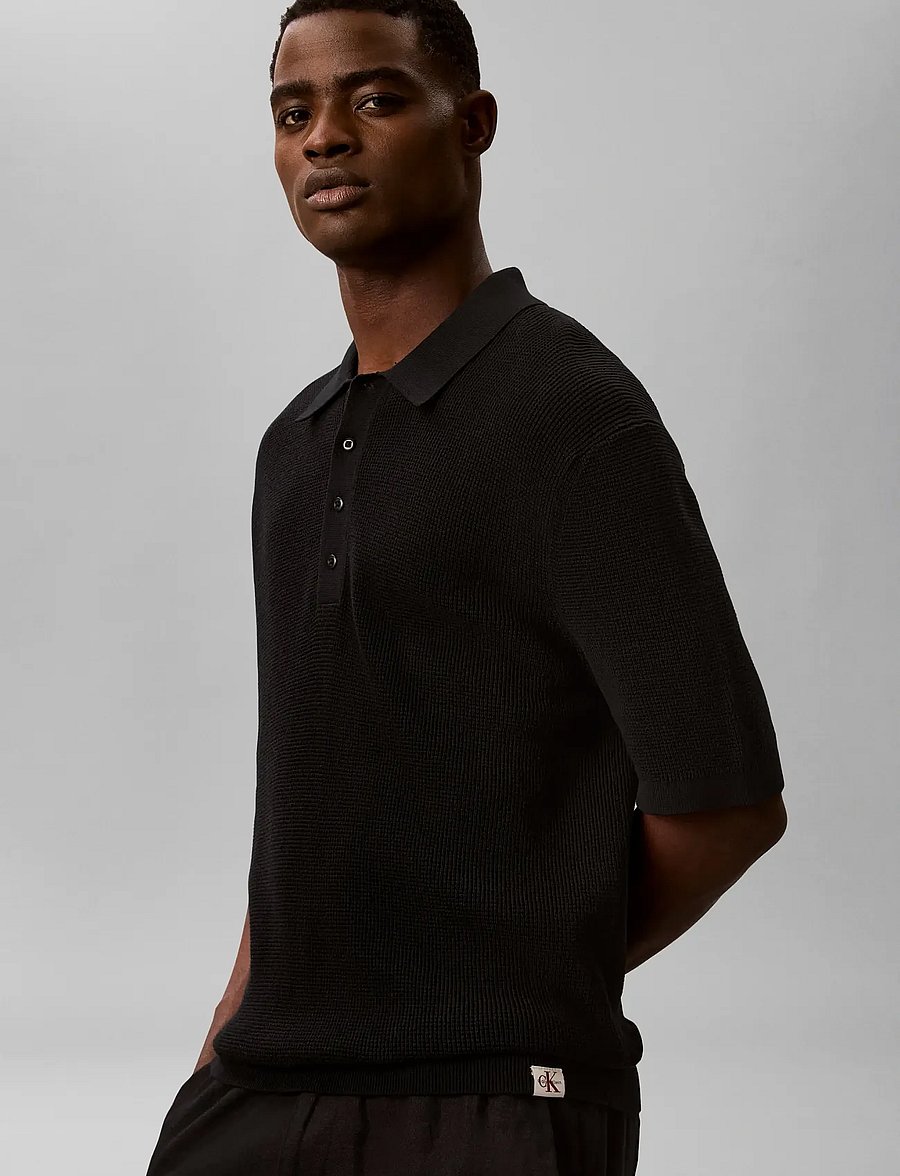Calvin Klein Jeans - SS COTTON WAFFLE POLO COLLARSWTR - knitted polos - black - 4