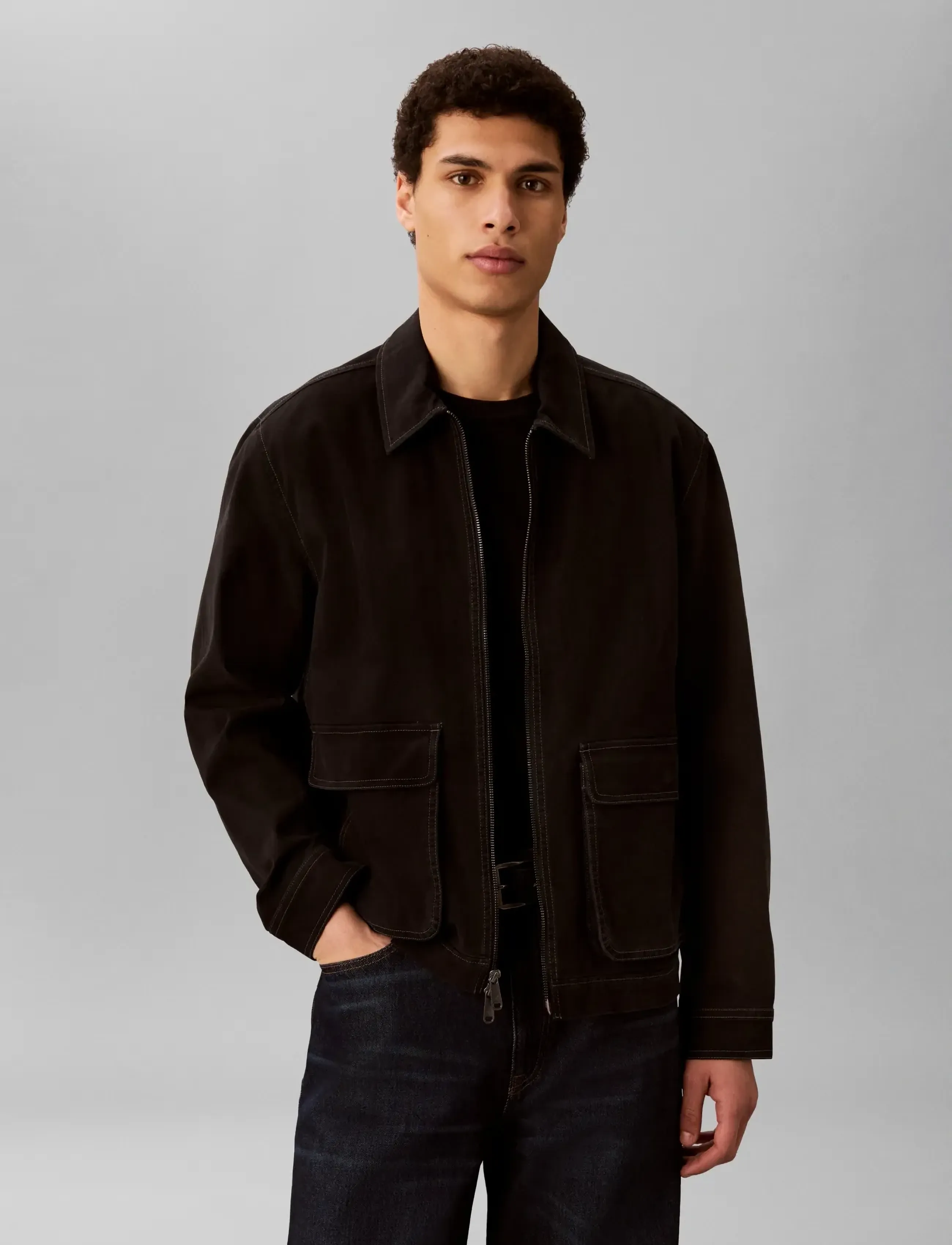 Calvin Klein Jeans Ls Matty Canvas Contrast Collar, L, Jackets, Schwarz - Light Männerswear