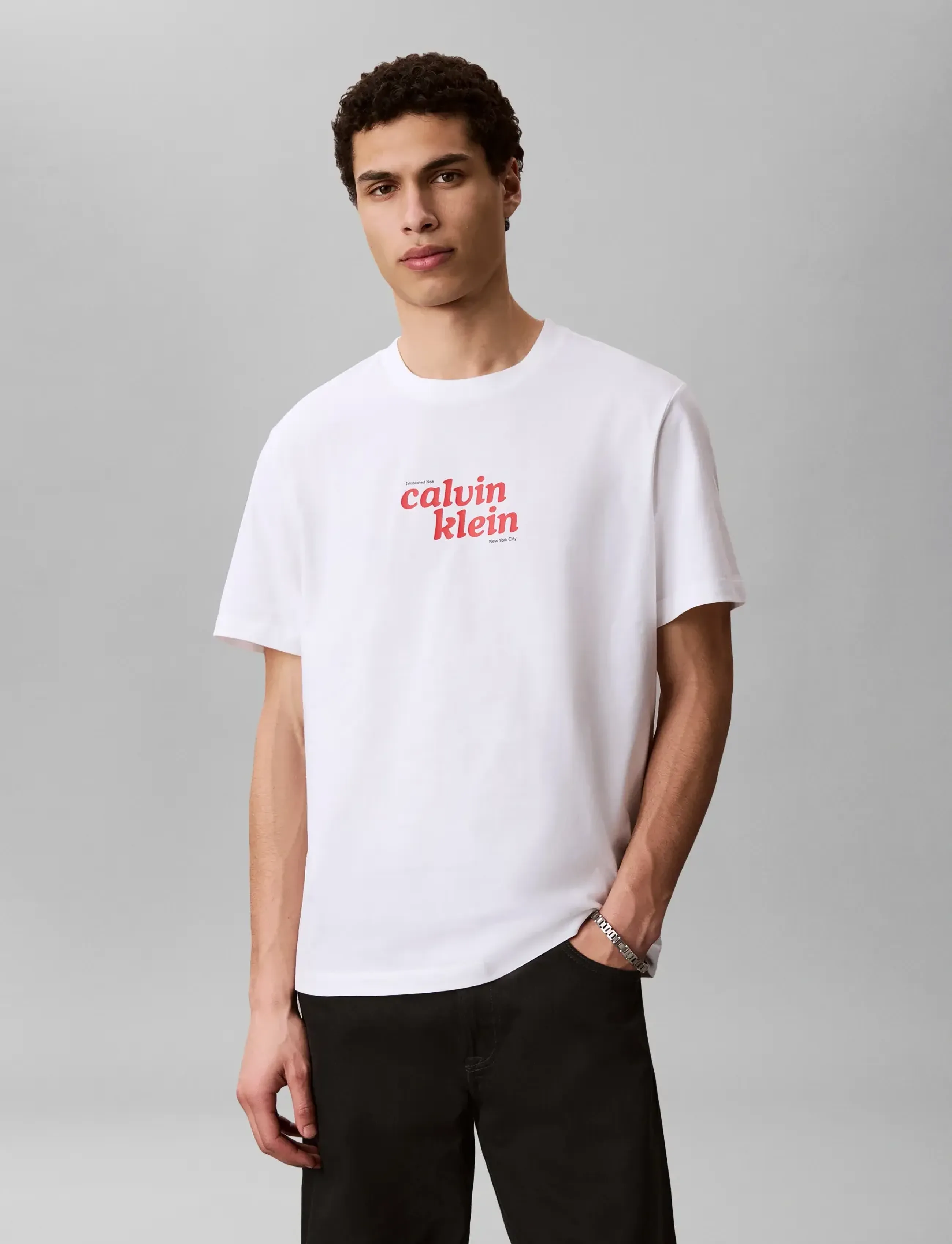 Calvin Klein Jeans Ss 20S Calvinklein Trvl Font Gra, M, T-shirts, Weiß - Short-sleeved, Männerswear