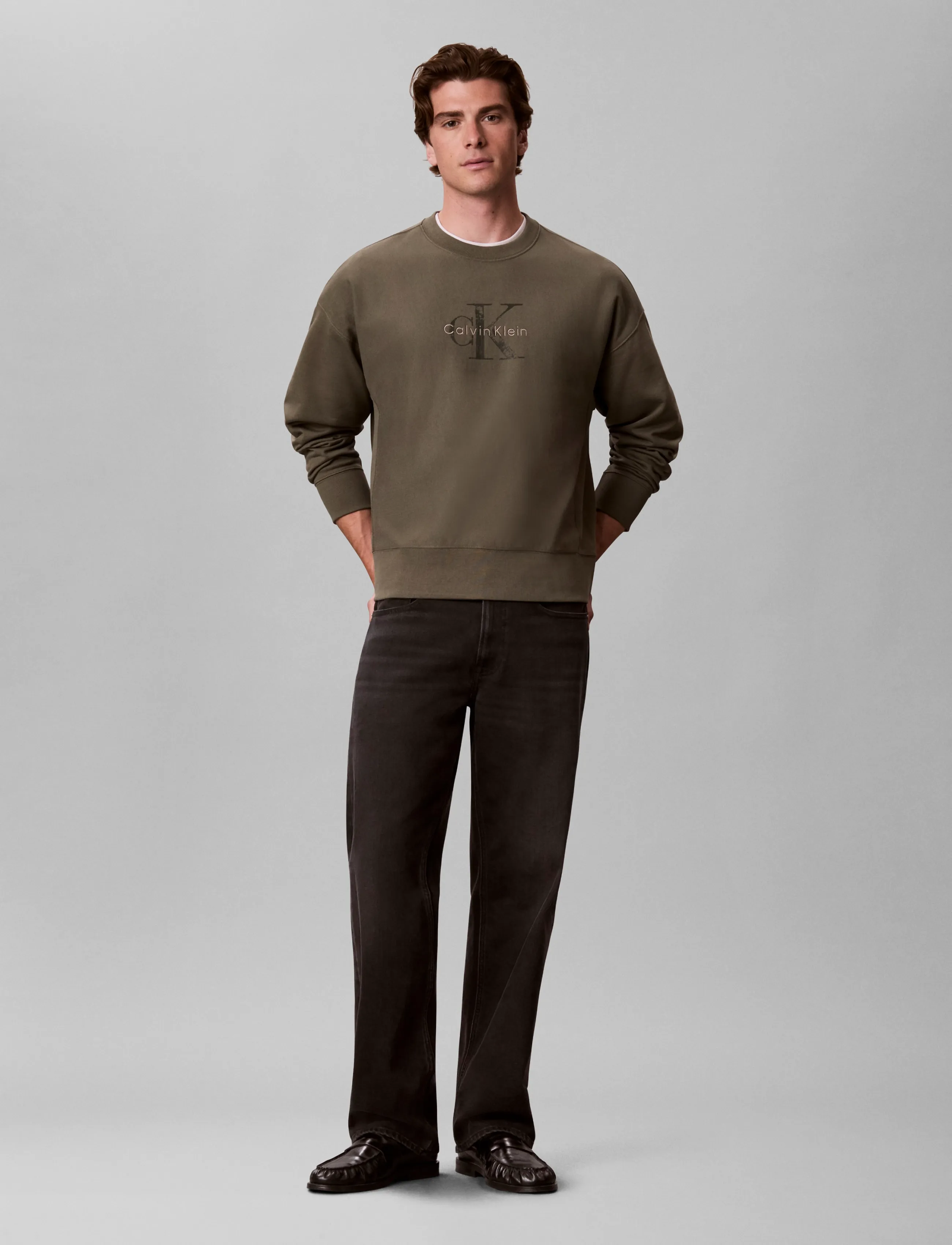 Calvin Klein Jeans Ls Premium Terry Painted Monolog, XL, Sweatshirts & Hoodies, Khakigrün - Sweatshirts, Männerswear