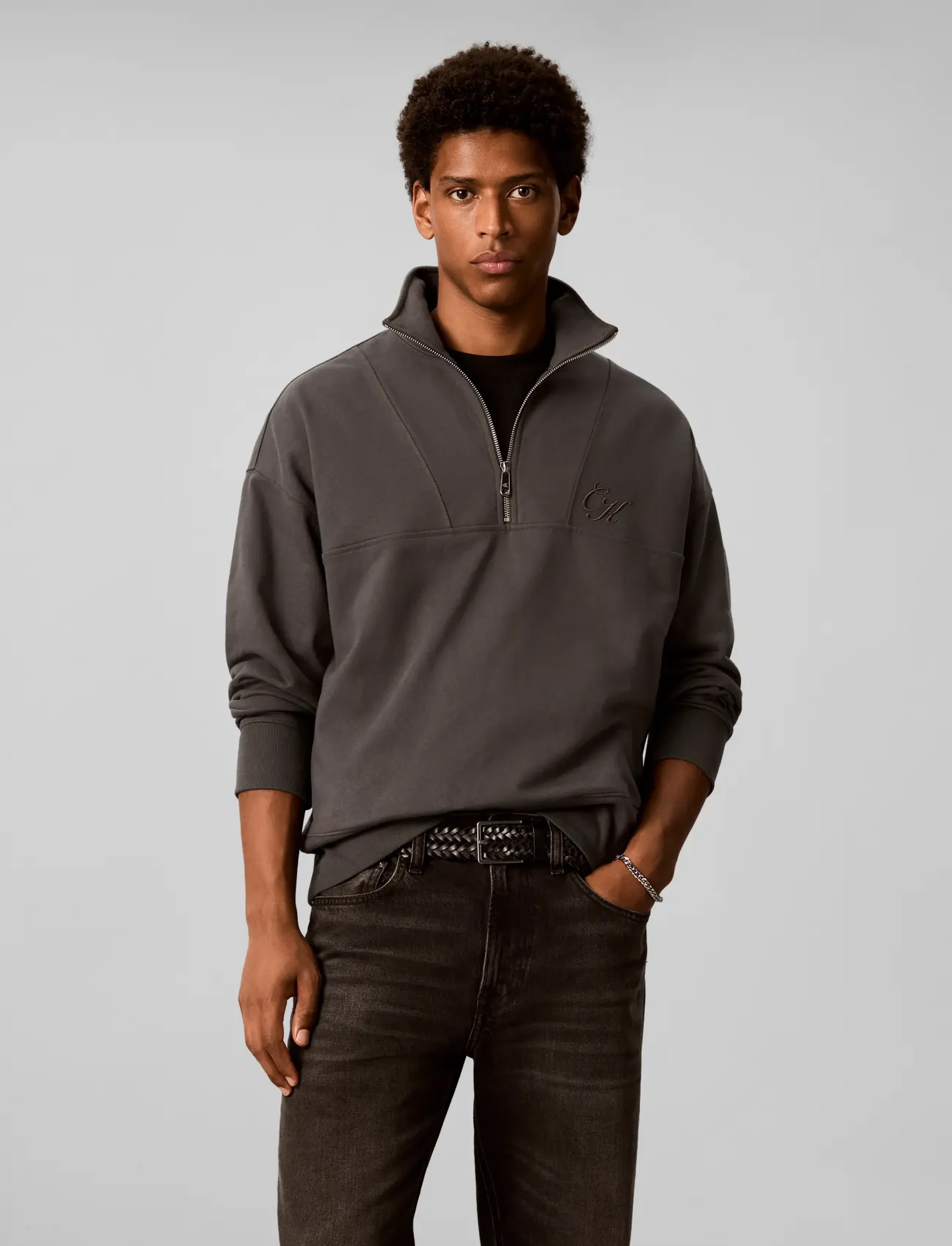 Calvin Klein Jeans LS PREM TERRY OCT SCRIPT FNL NCK - Sweatshirts - VOLCANIC ASH / grey