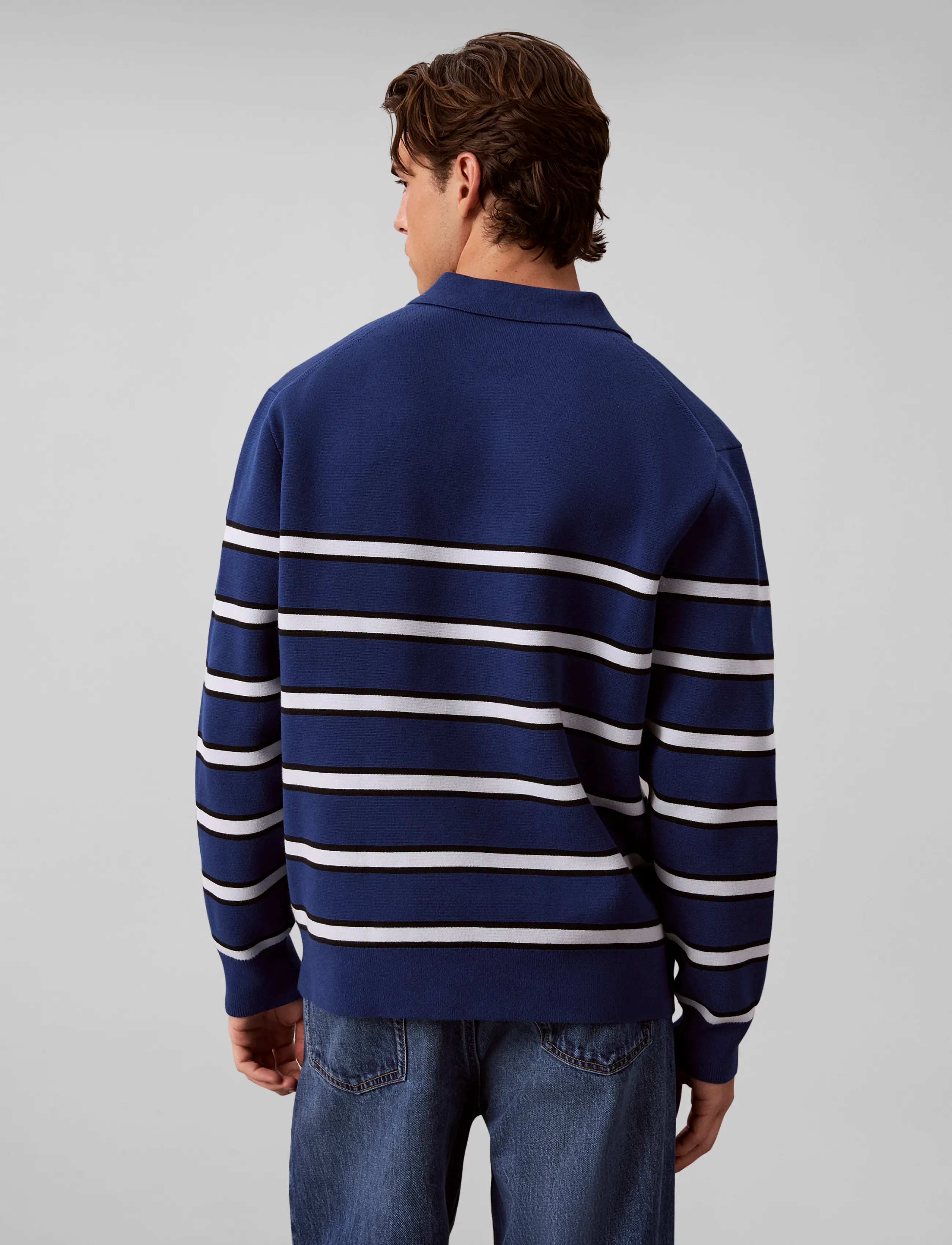 Calvin Klein Jeans - LS COTTON STRIPE POLO 12GG - långärmade stickade pikétröjor - estate blue - 2