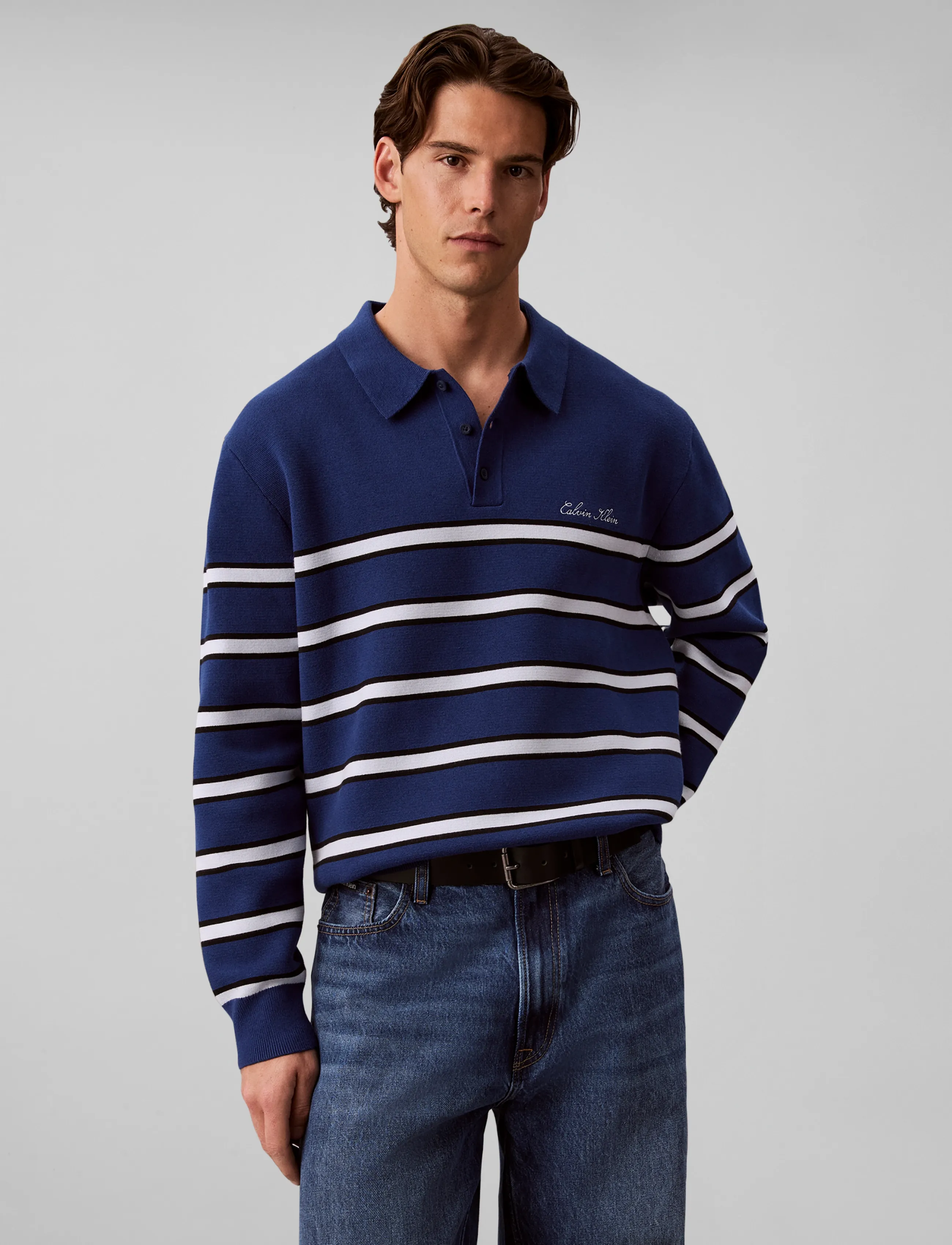 Calvin Klein Jeans - LS COTTON STRIPE POLO 12GG - långärmade stickade pikétröjor - estate blue - 3