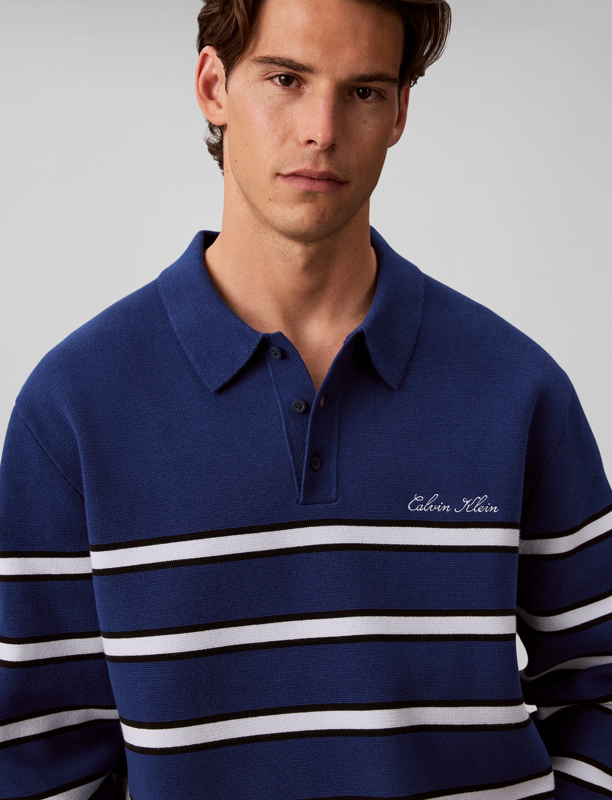 Calvin Klein Jeans - LS COTTON STRIPE POLO 12GG - långärmade stickade pikétröjor - estate blue - 4