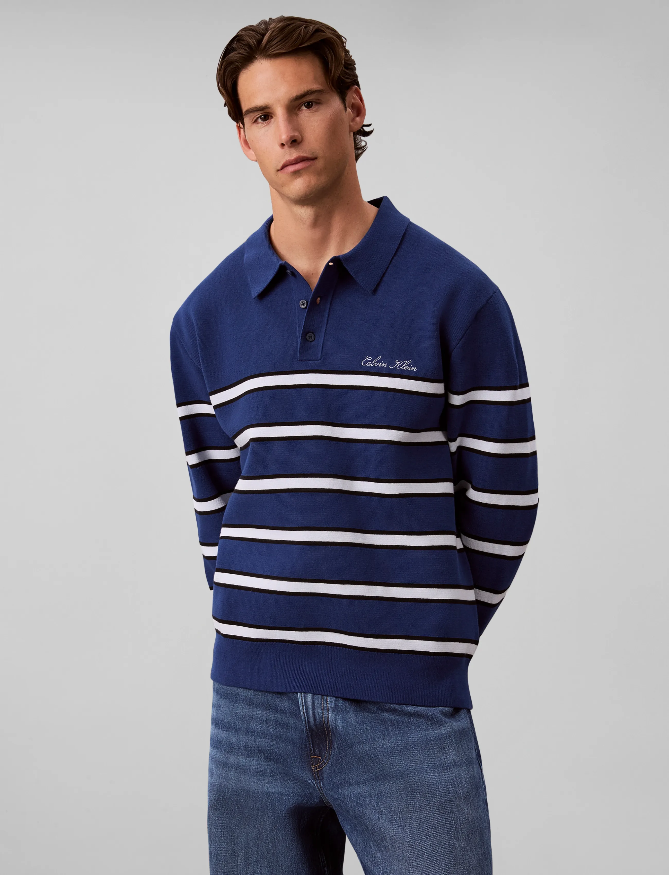 Calvin Klein Jeans - LS COTTON STRIPE POLO 12GG - långärmade stickade pikétröjor - estate blue - 5