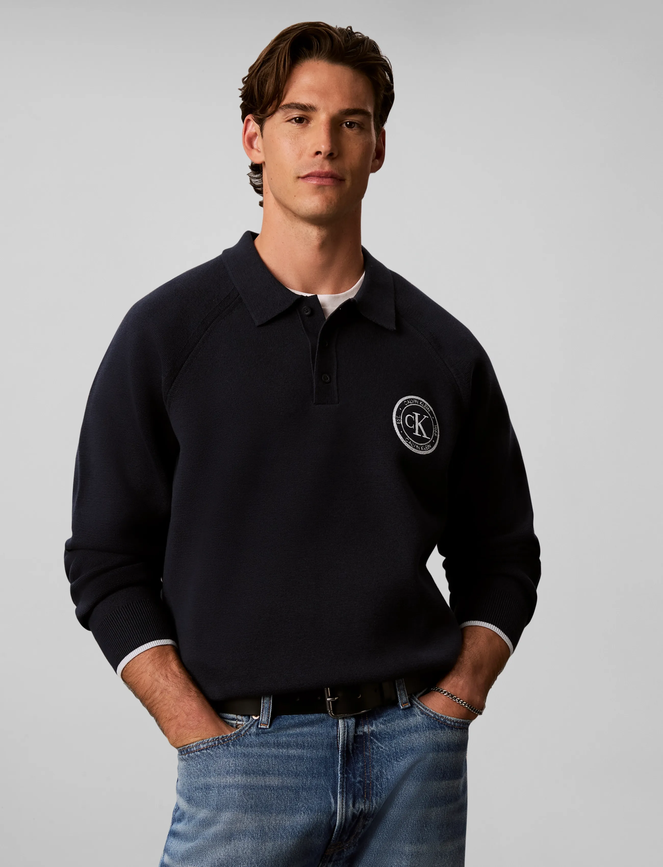Calvin Klein Jeans - LS EZ VARSITY LOGO POLO 12GG - långärmade stickade pikétröjor - dark sapphire - 3