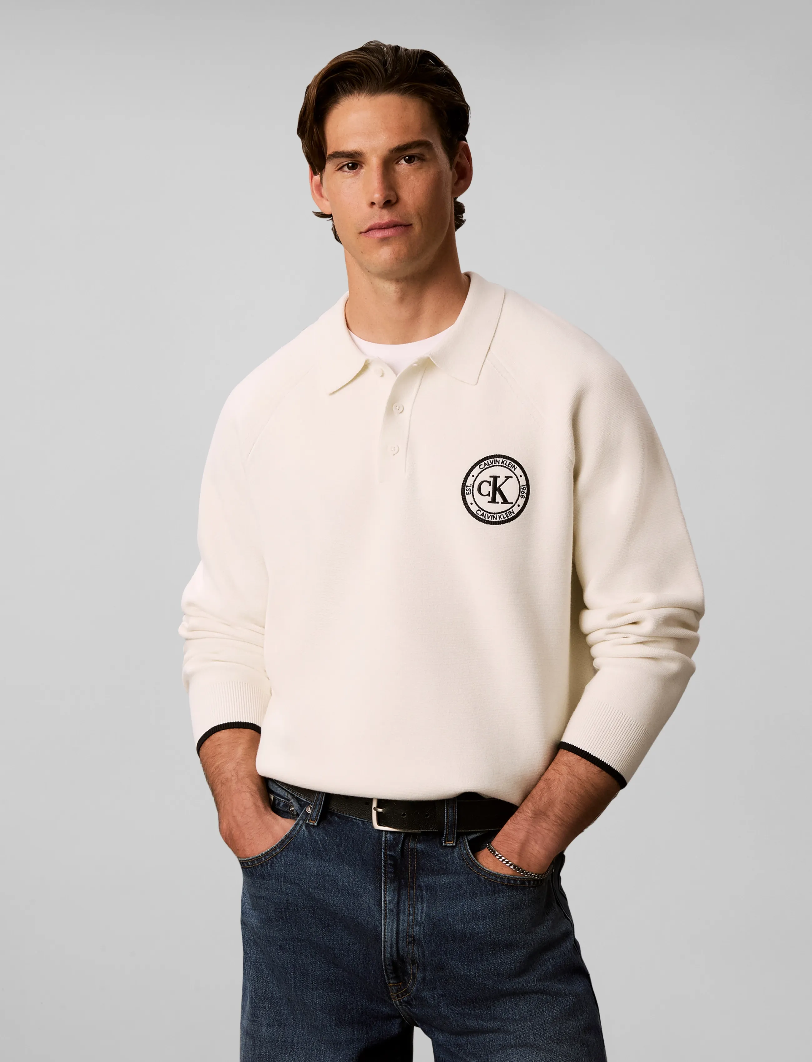 Calvin Klein Jeans - LS EZ VARSITY LOGO POLO 12GG - långärmade stickade pikétröjor - tofu - 3