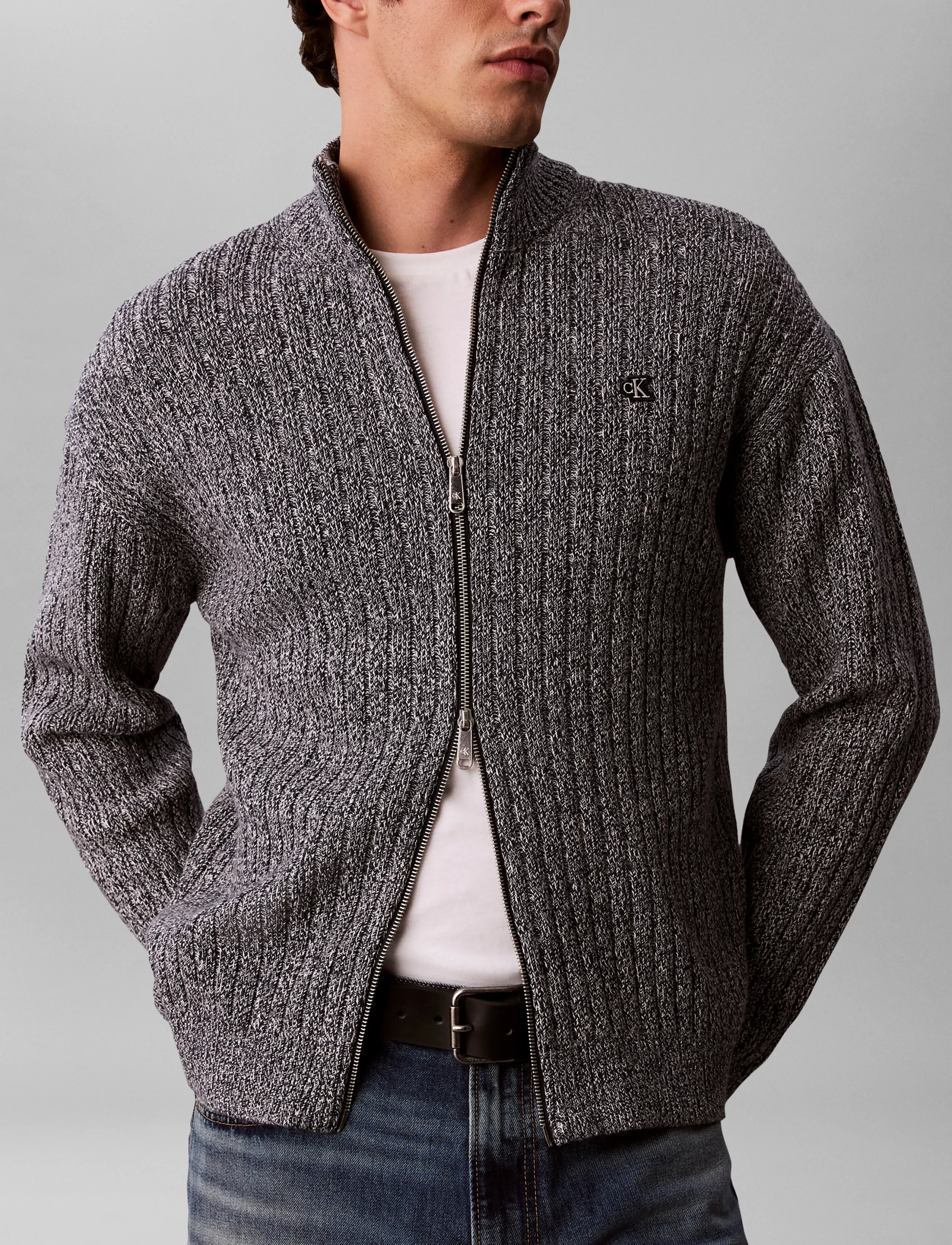 Calvin Klein Jeans - LS VERTICAL TEXTURE CTTN FZ SWTR - pullover mit durchgehendem reißverschluss - dark sapphire mouline - 5