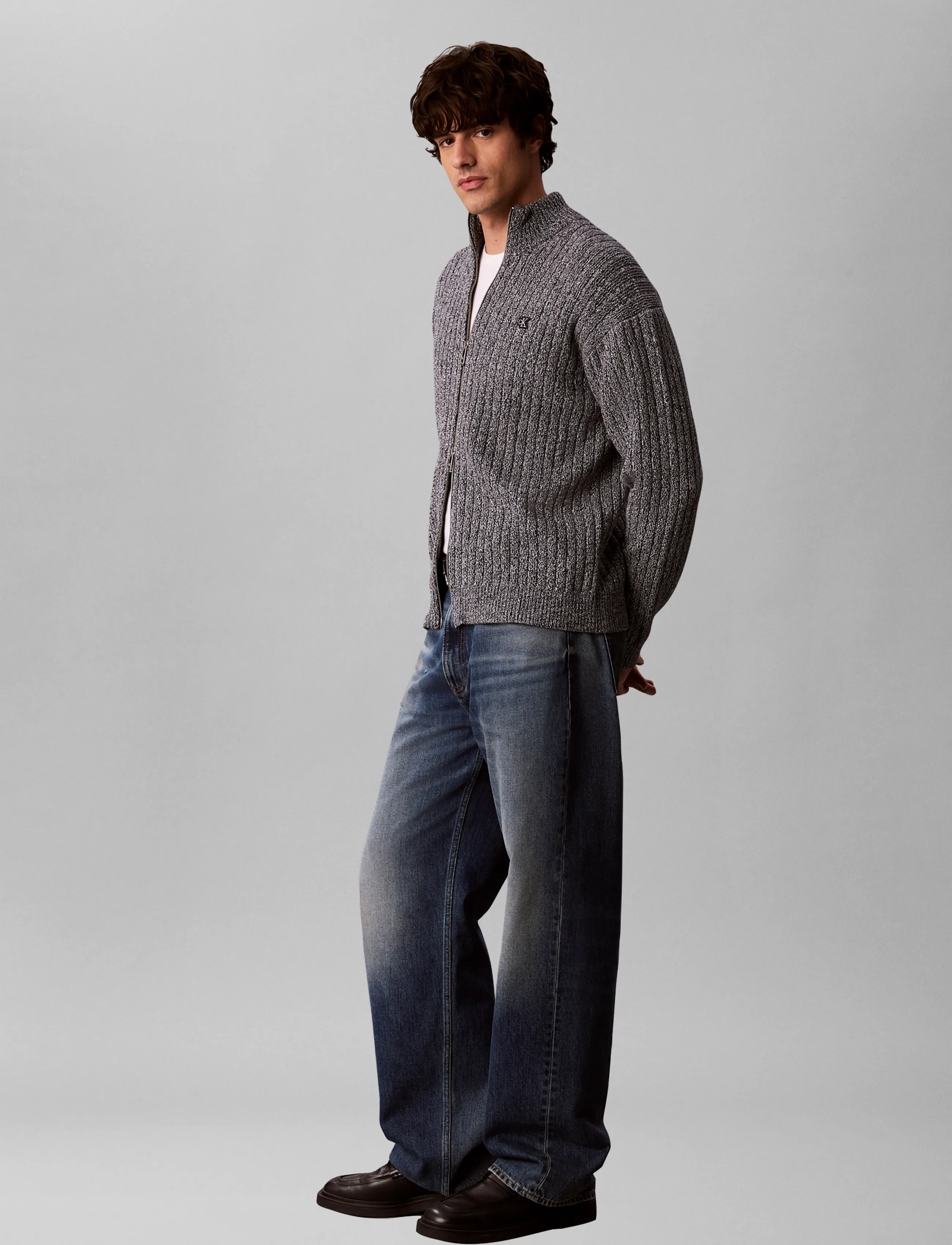 Calvin Klein Jeans LS VERTICAL TEXTURE CTTN FZ SWTR - Strickmode - DARK SAPPHIRE MOULINE / grey