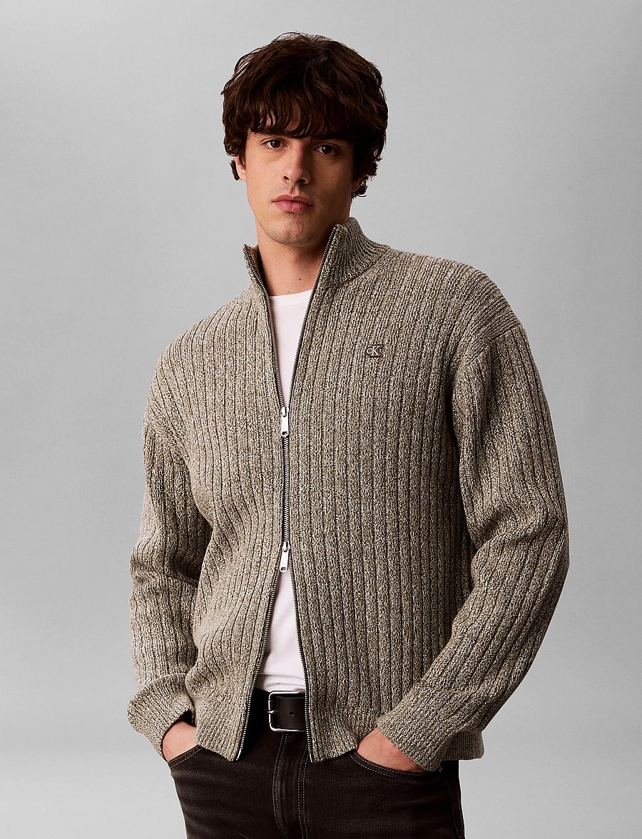 Calvin Klein Jeans - LS VERTICAL TEXTURE CTTN FZ SWTR - pullover mit durchgehendem reißverschluss - olive night mouline - 0
