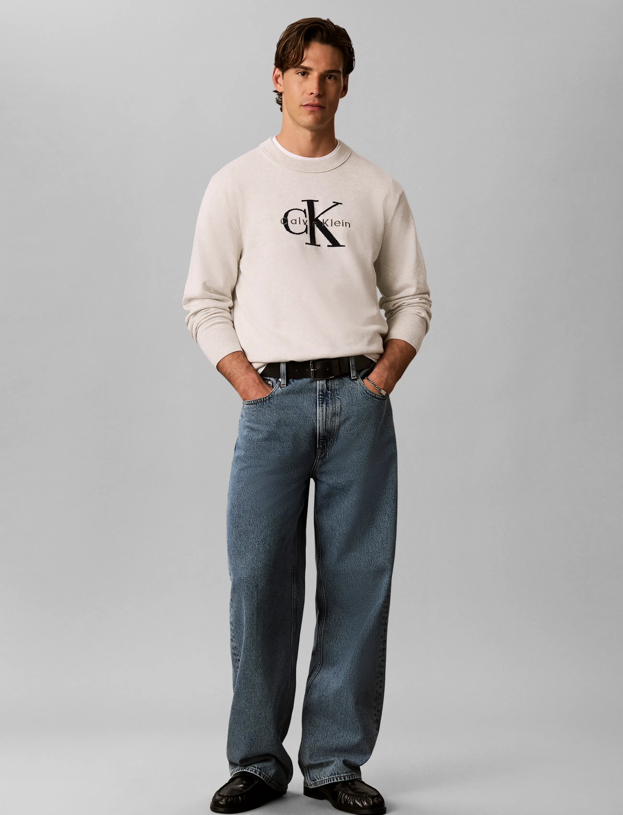 Calvin Klein Jeans LS CLSC CTTN MNLGO CRNK STR 12GG - Kläder - SNOW HEATHER / white