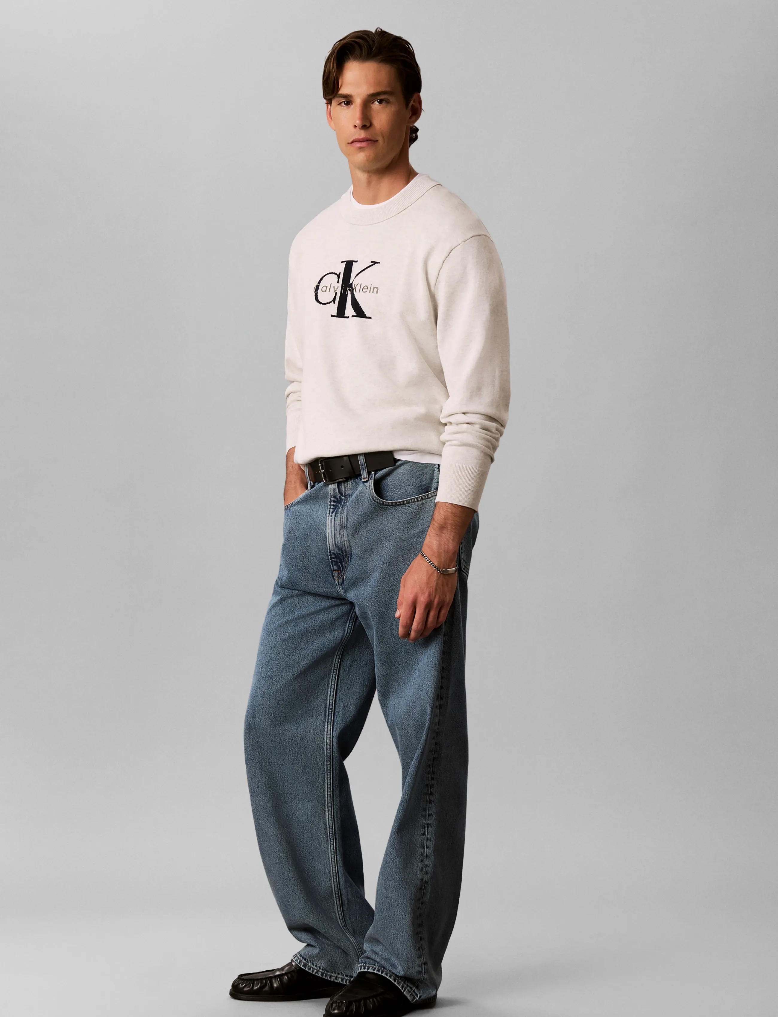 Calvin Klein Jeans LS CLSC CTTN MNLGO CRNK STR 12GG - Streetstyle - SNOW HEATHER / white