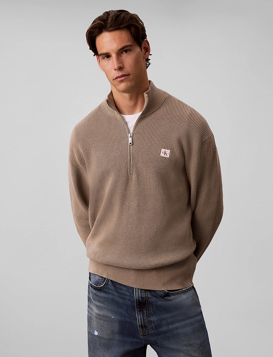 Calvin Klein Jeans - LS CLSC CTTN WFLE HZIP SWTR 9GG - pullover mit halbem reißverschluss - roasted cashew - 5