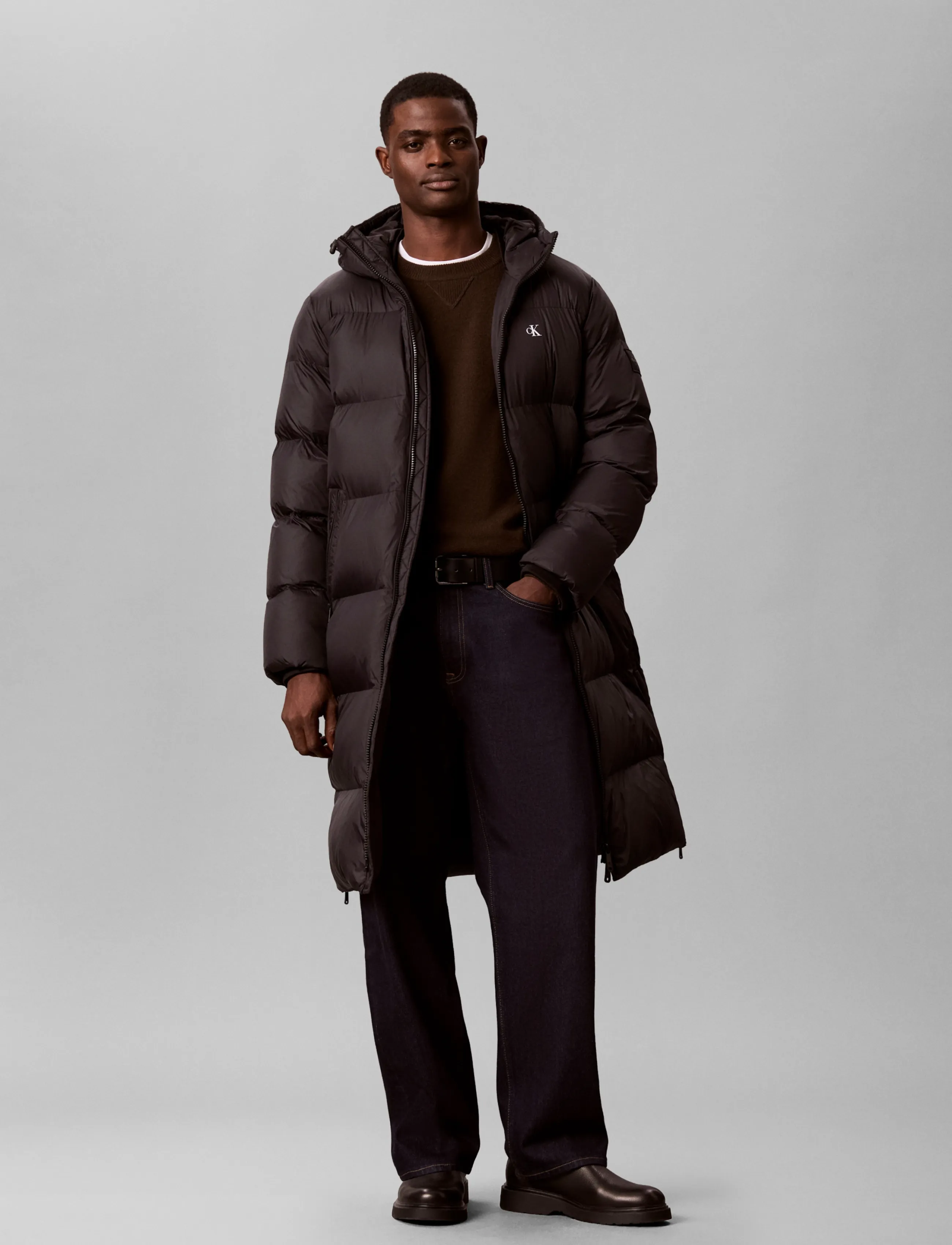 Calvin Klein Jeans Ls Long Length Hooded Nylon Puff, Mænd, Lang Hætte Puffer Frakke, Sort, Str: XXL