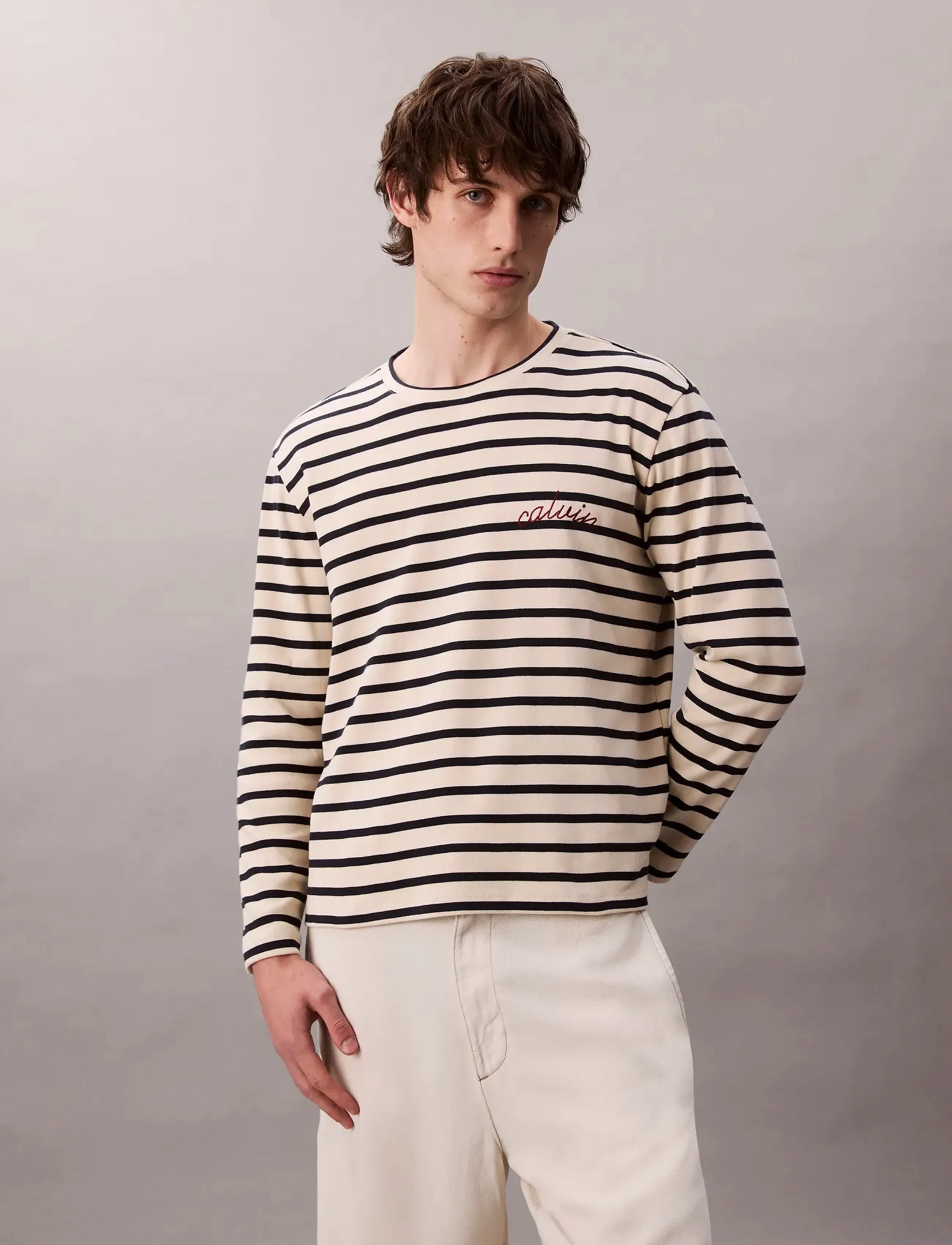Calvin Klein Jeans LS COMPACT RIB STRIPE CREWNK TEE - Winter deals - BONE WHITE / beige