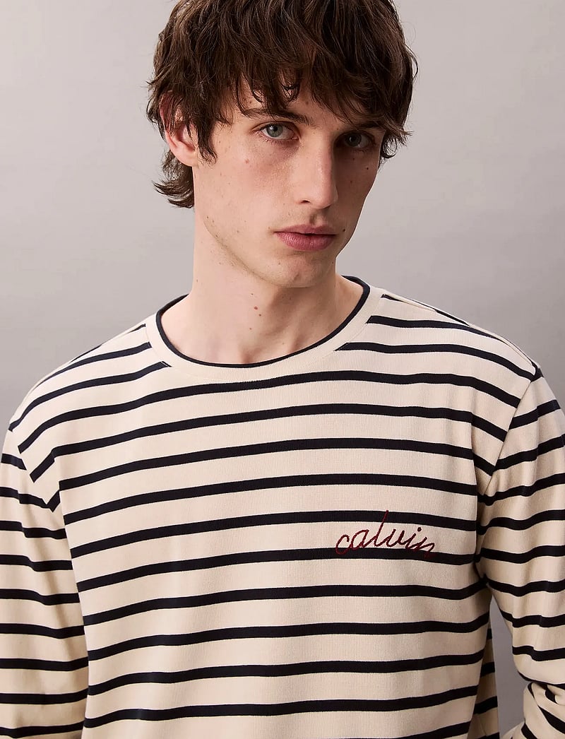 Calvin Klein Jeans - LS COMPACT RIB STRIPE CREWNK TEE - long-sleeved t-shirts - bone white - 4