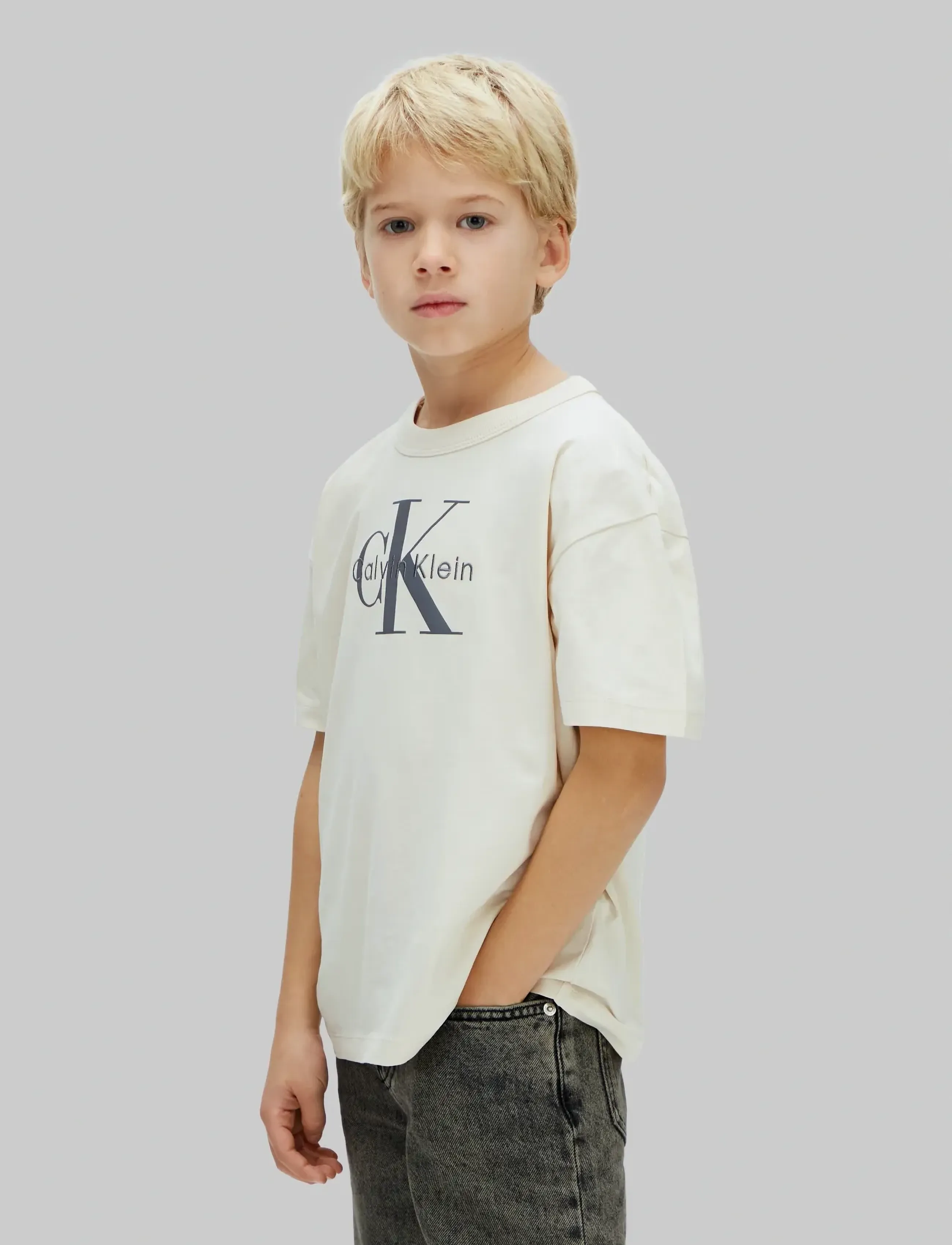 Calvin Klein LIGHT MONOLOGO S/S T-SHIRT - Toppar & T-shirts - WHITECAP GRAY / cream