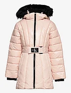 LONG BELTED PUFFER COAT - ROSE CLAY
