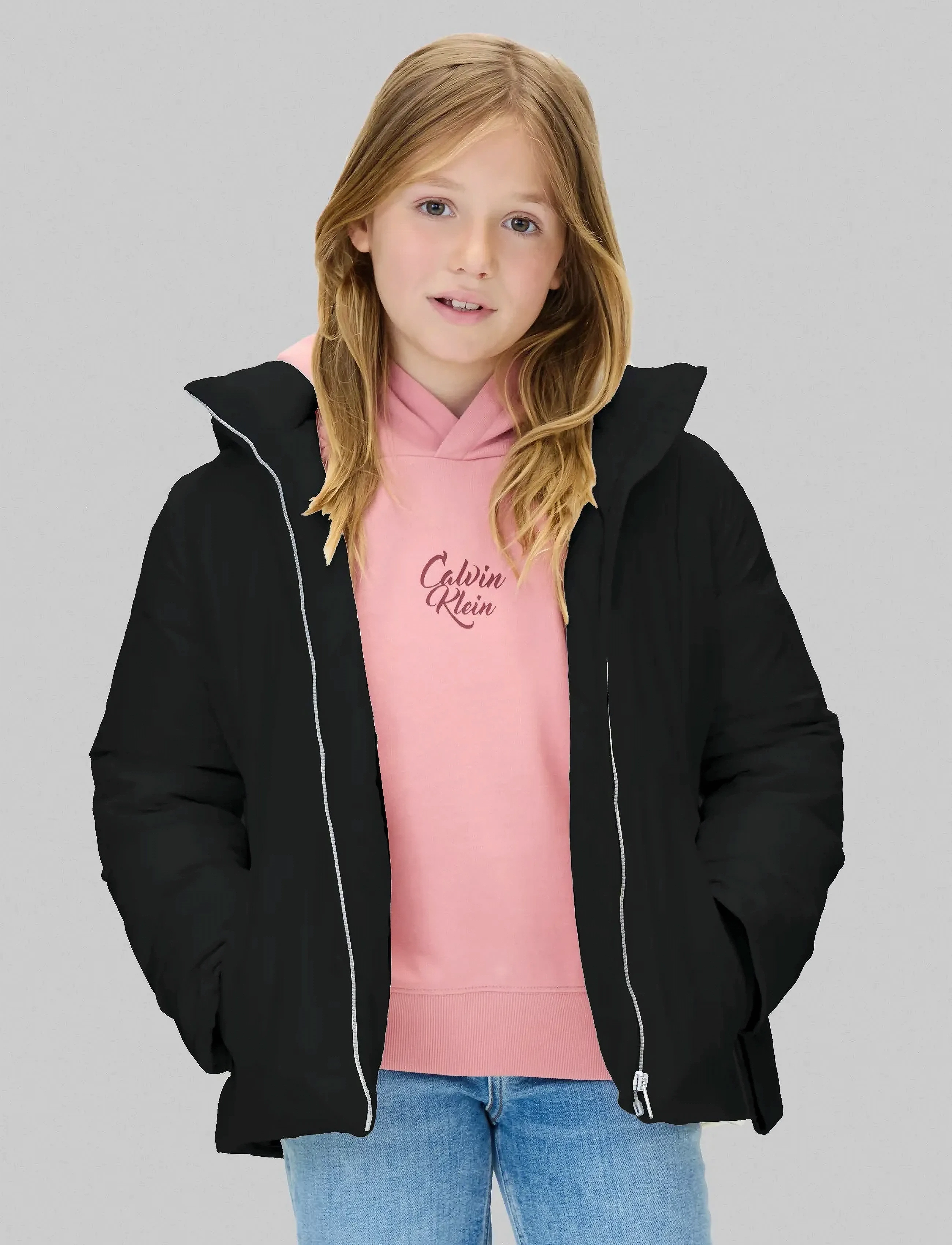 Calvin Klein Short Puffer, Børn, Hætte Bæltet Pufferjakke, Sort, Str: 164