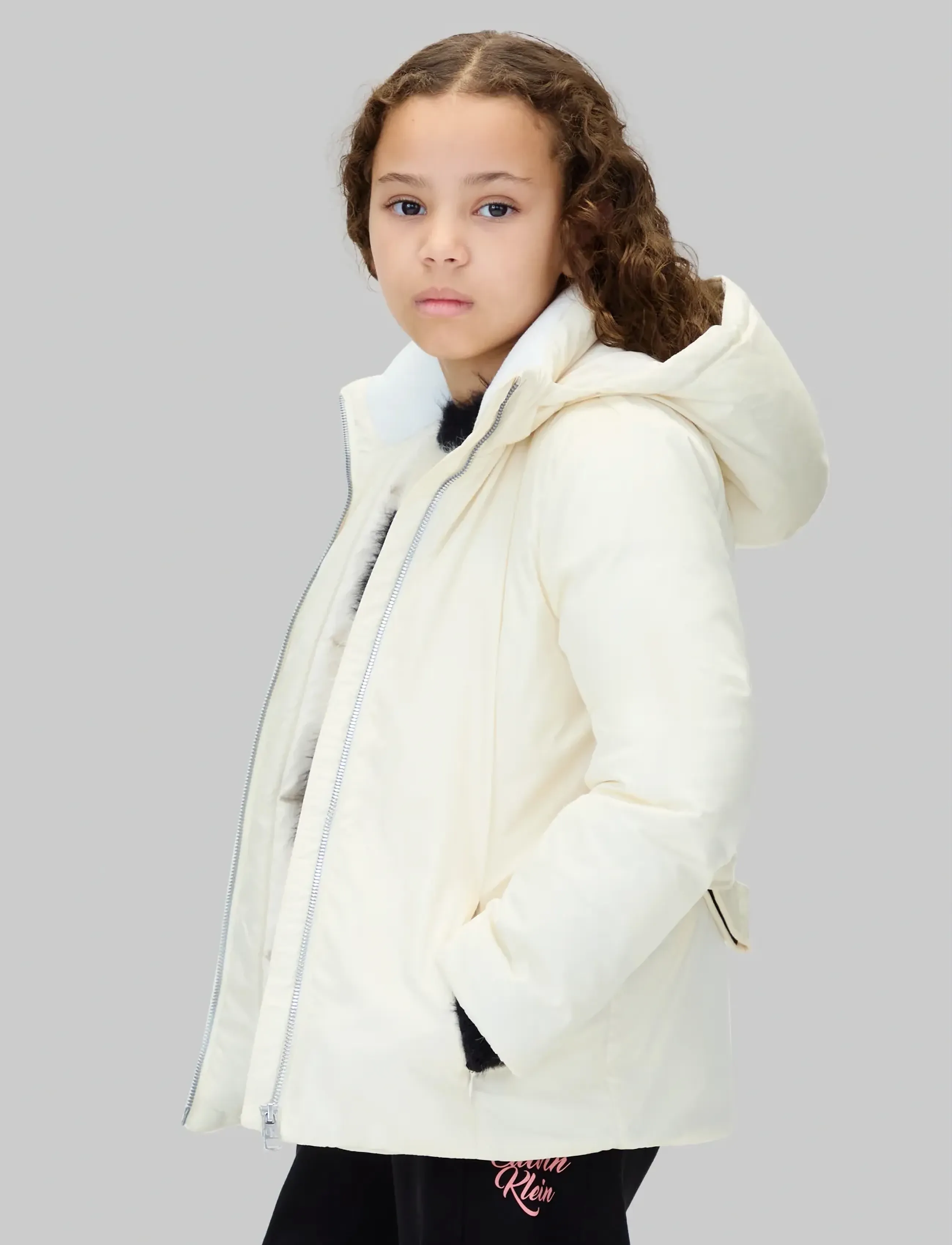 Calvin Klein Short Puffer, Børn, Hætte Bæltet Pufferjakke, Cream, Str: 152