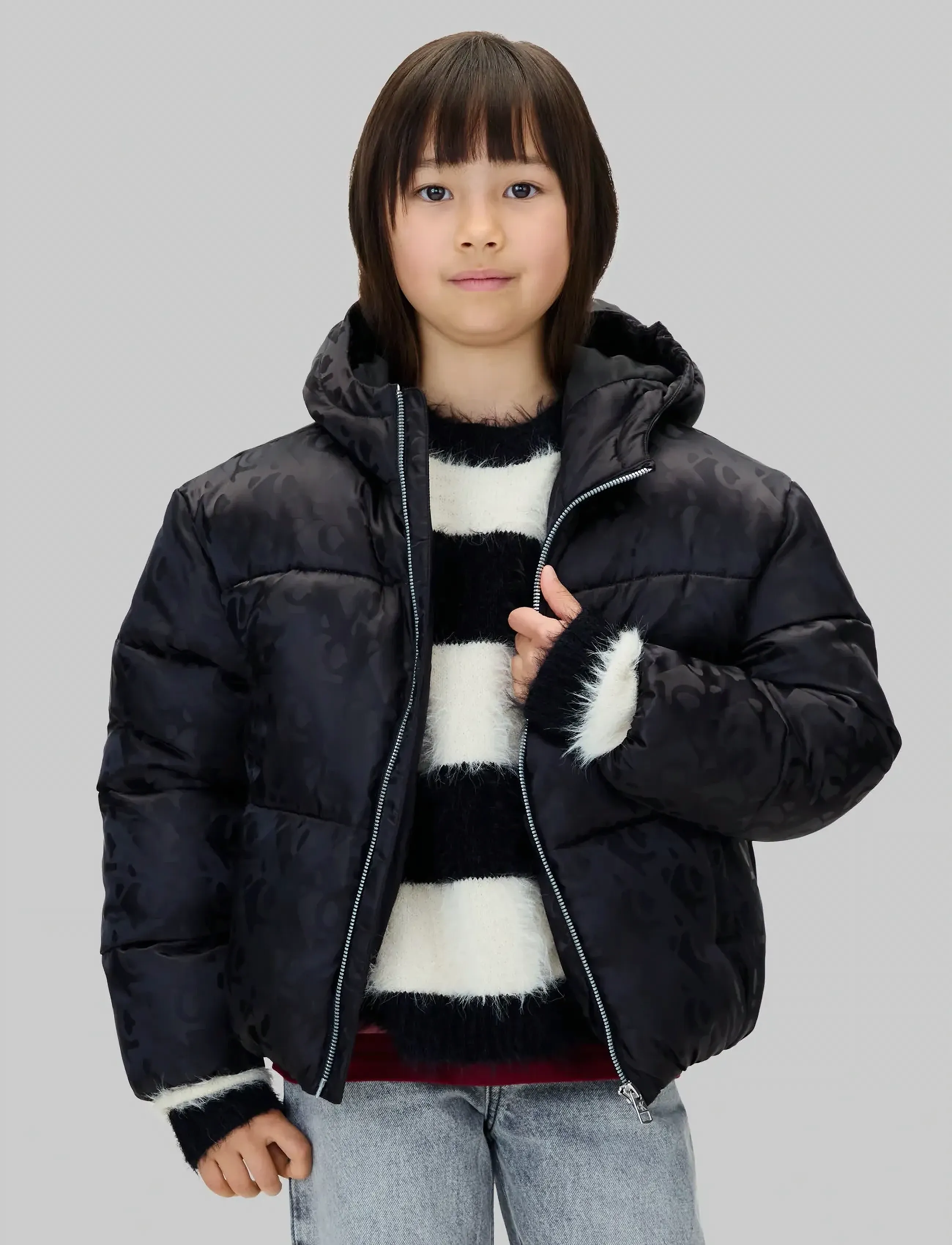 Calvin Klein Ck Logo Aop Puffer Jacket, Børn, Hætte Logo Pufferjakke, Sort, Str: 128