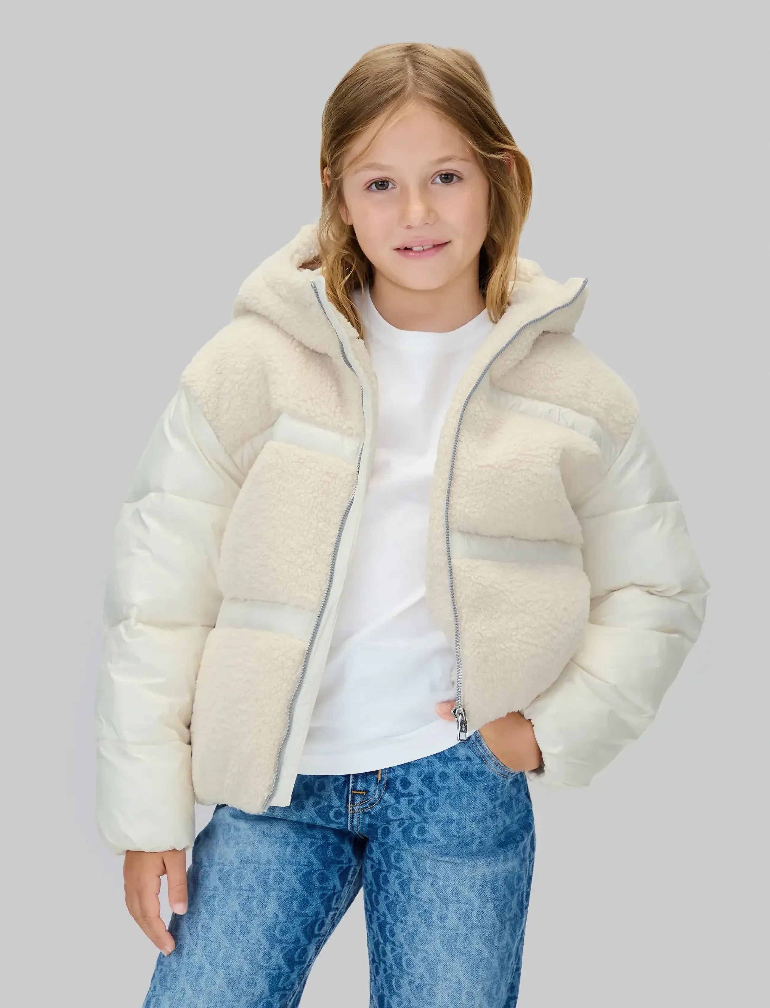 Calvin Klein Teddy Shiny Puffer Jacket, 140, Cream, Jakker Og Frakker > Puffer Og Vatterede, Børn