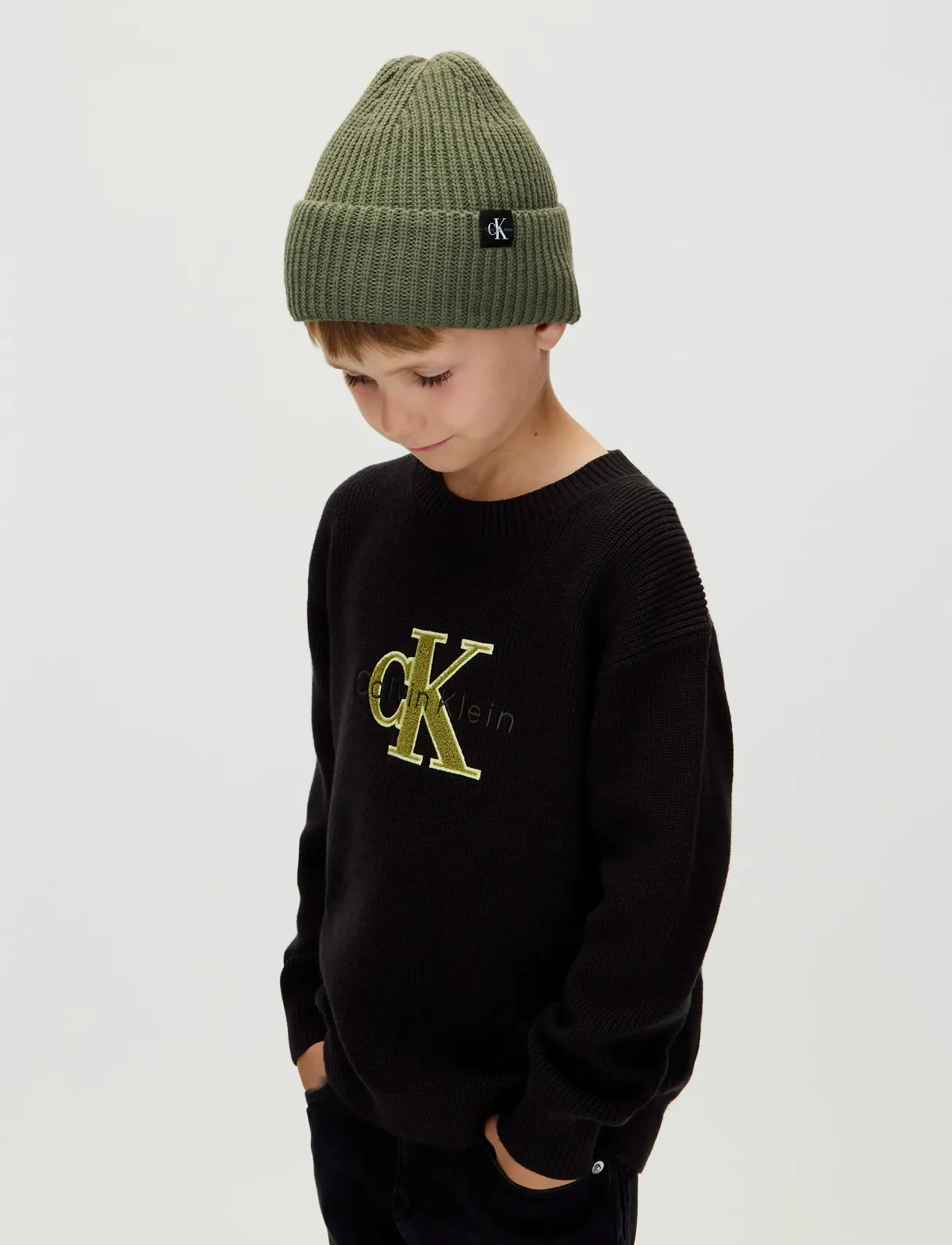 Calvin Klein Monogram Rib Beanie, S/M, Hats, Khakigrün - Kinder
