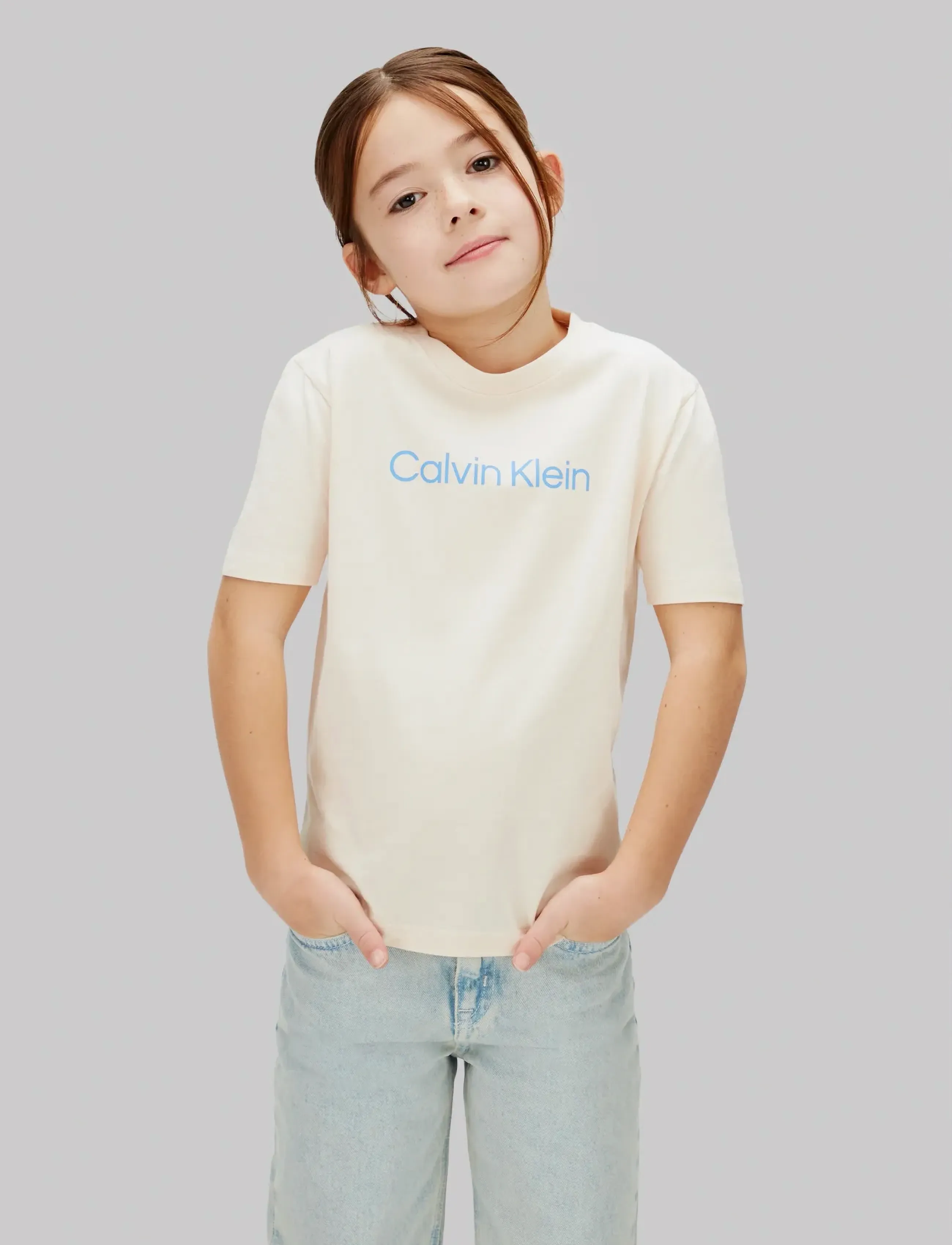 Calvin Klein Inst. Logo Ss T-Shirt, 128, T-shirts, Creme - Short-sleeved, Kinder