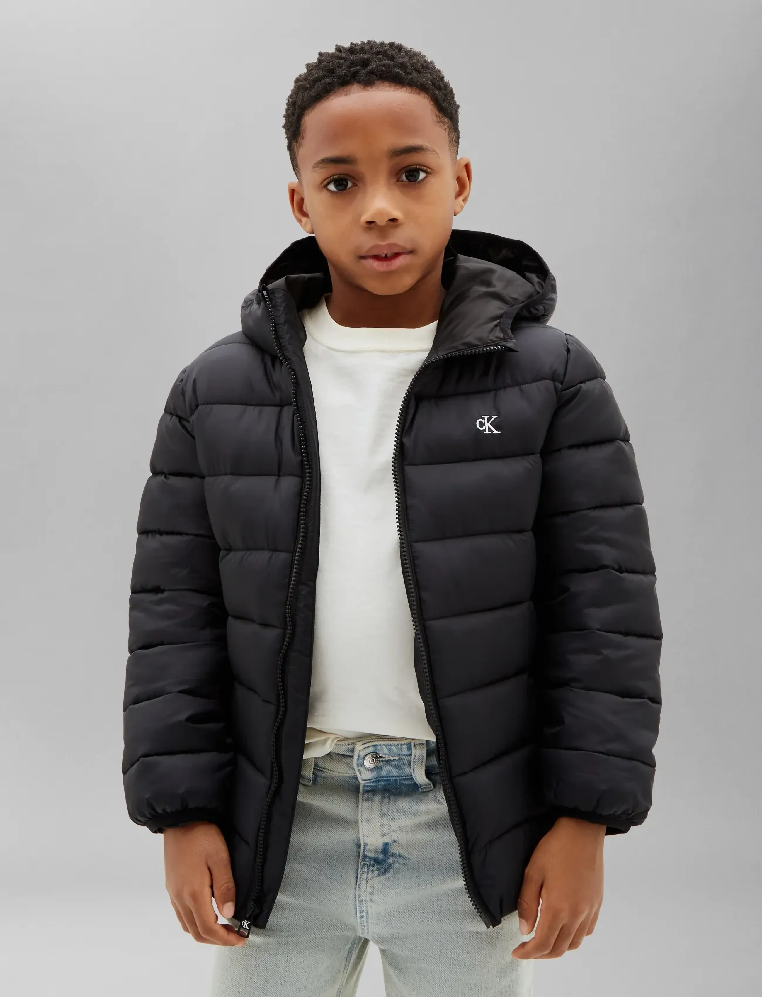 Calvin Klein Ck Monogram Light Padded Jacket, Børn, Vatteret Jakke Med Hætte, Sort, Str: 140