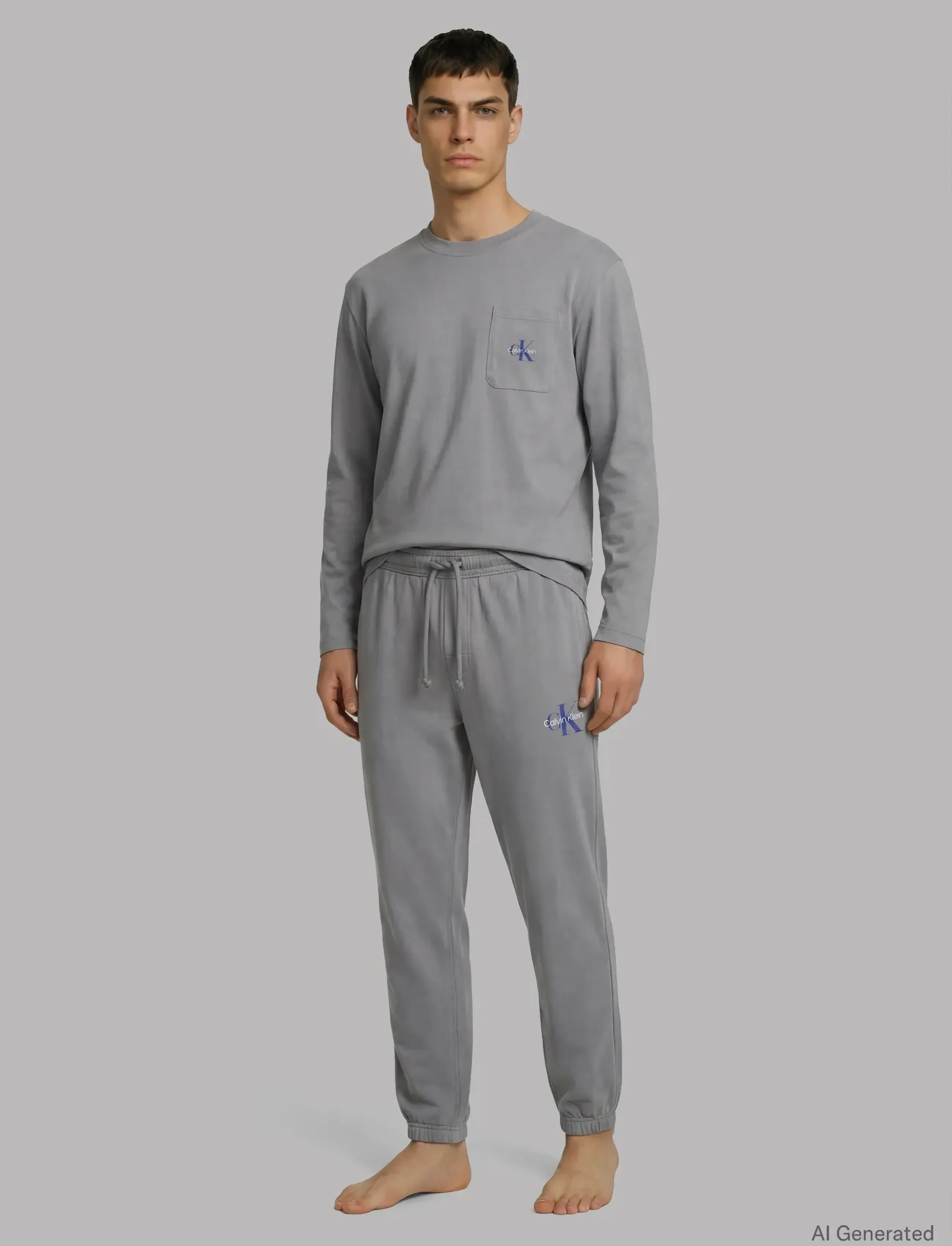 Calvin Klein Monogram L/S Jogger Set, Mænd, Joggersæt, Grå, Str: M