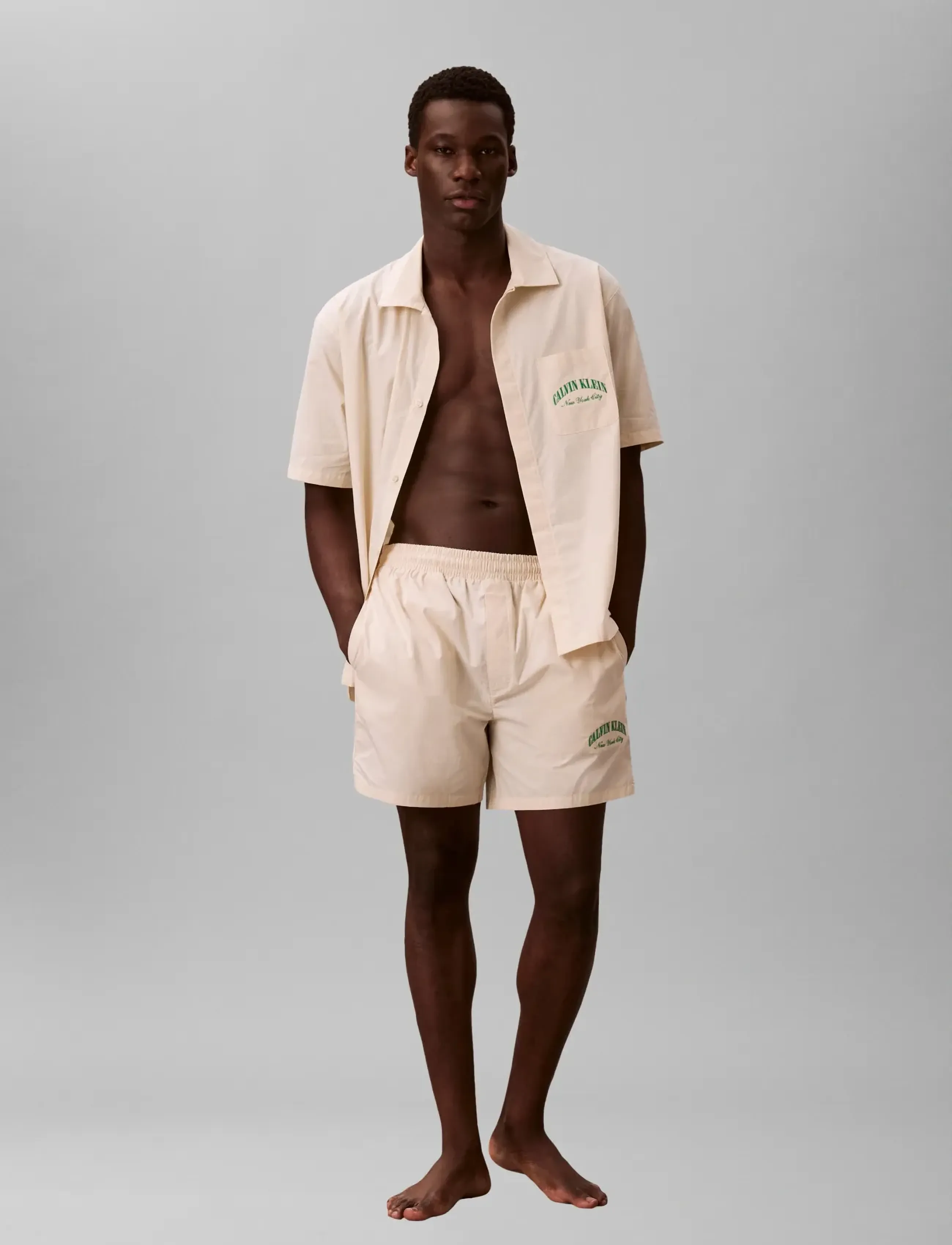 Calvin Klein HERITAGE CREST SLEEP SHORT - Kläder - SLIM STRIPE CHALK / beige