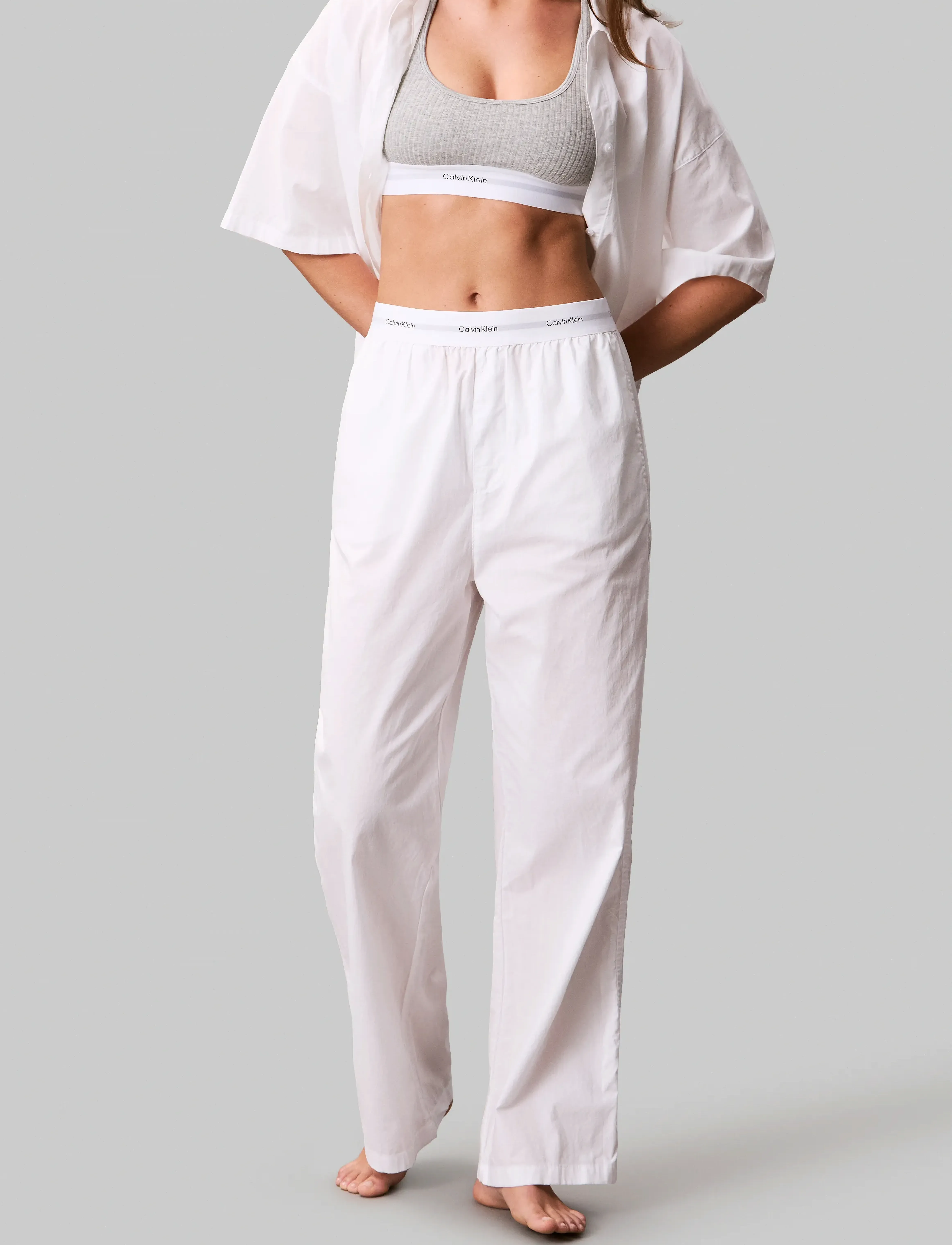Calvin Klein LOGO WB POPLIN PANT - Pyjamas & loungewear - CLASSIC WHITE / white