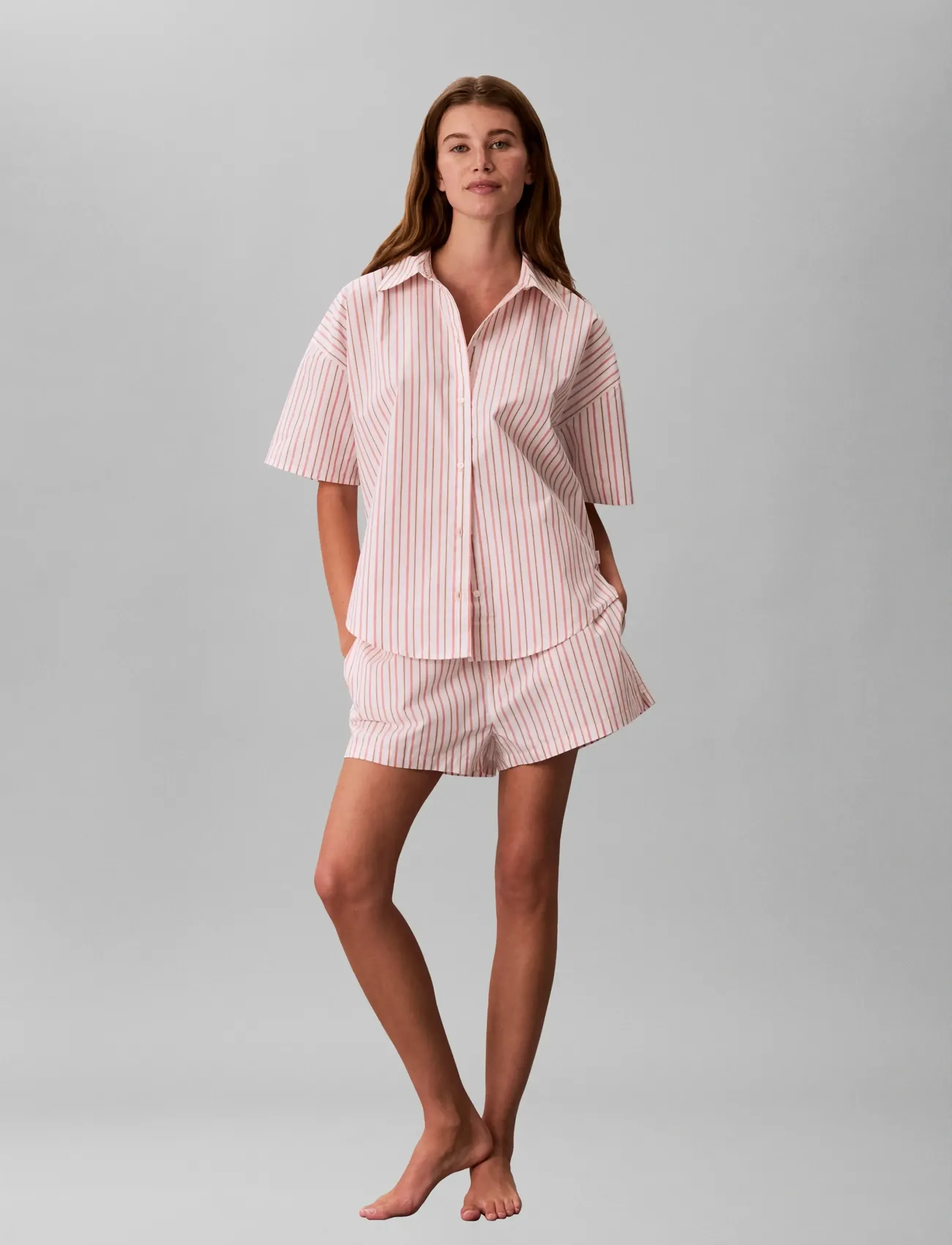 Calvin Klein COVERED WB POPLIN SHORT - Pyjamas & loungewear - AURORA STRIPE PEACH BLISS / coral