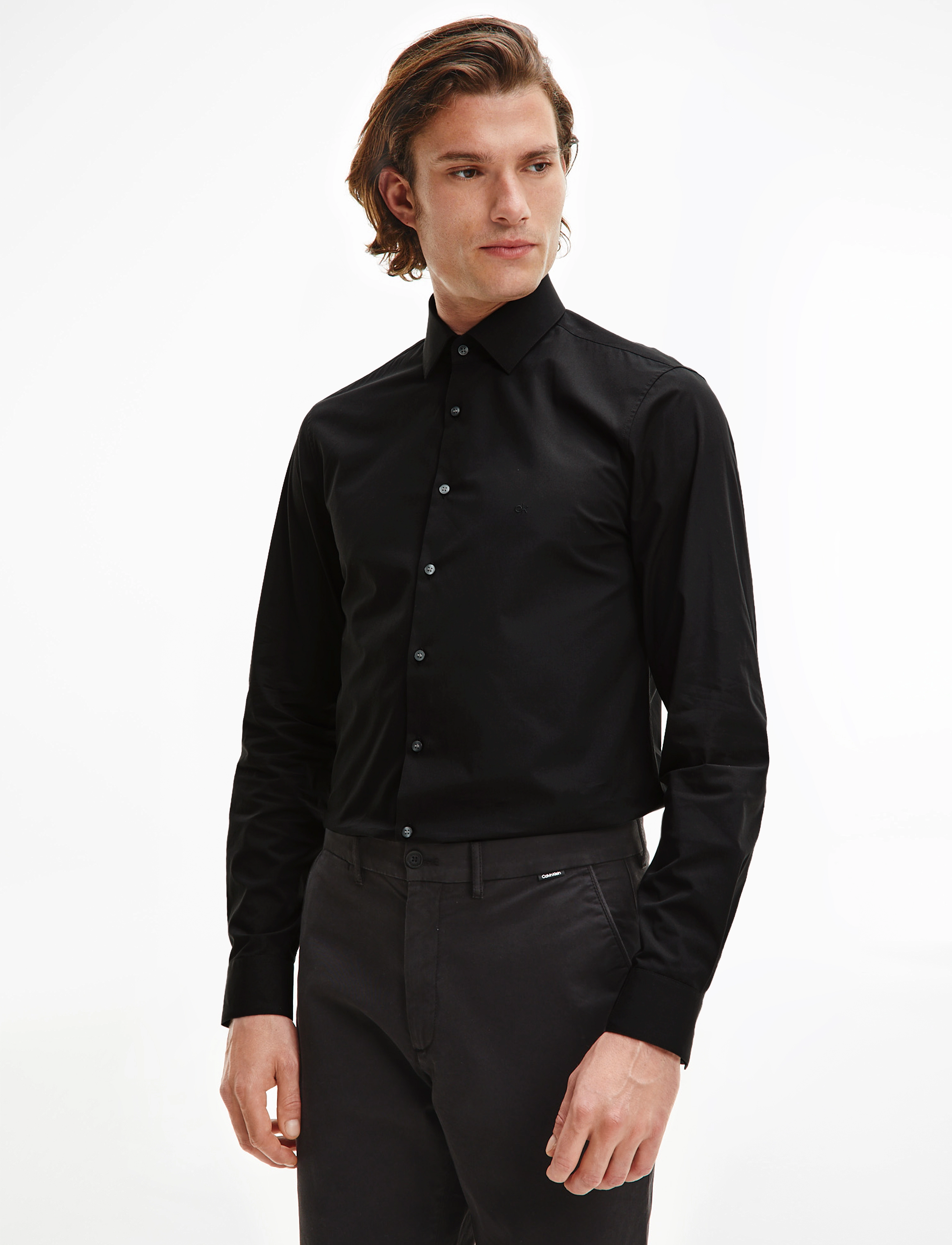 Calvin Klein Poplin Stretch Slim Shirt, 43, Black, Skjorter > Business, Herre