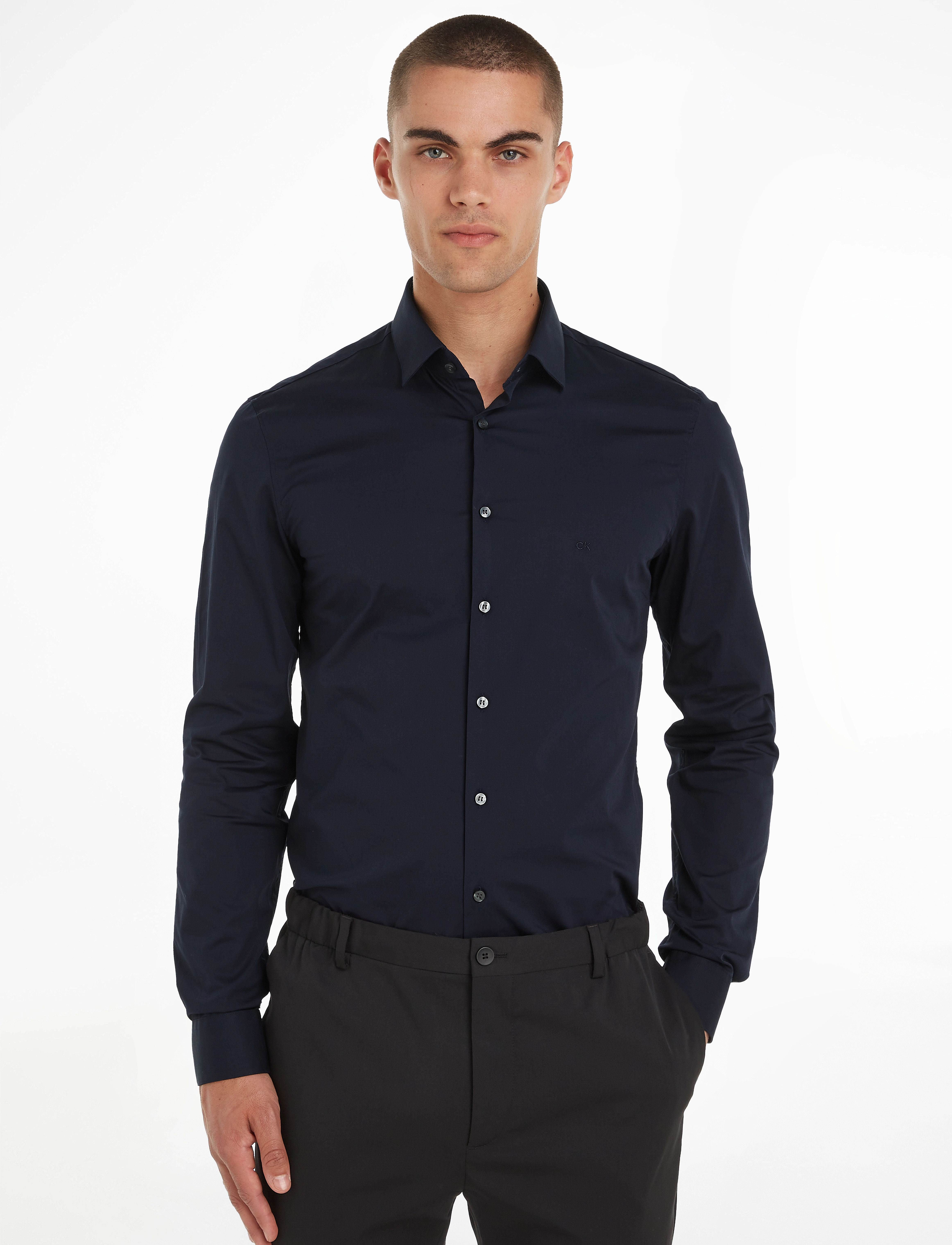 Calvin Klein Poplin Stretch Slim Shirt, 42, Navy, Skjorter > Business, Herre