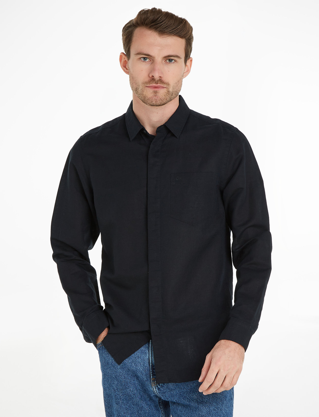 Calvin Klein - LINEN COTTON REGULAR SHIRT - lininiai marškiniai - ck black - 1
